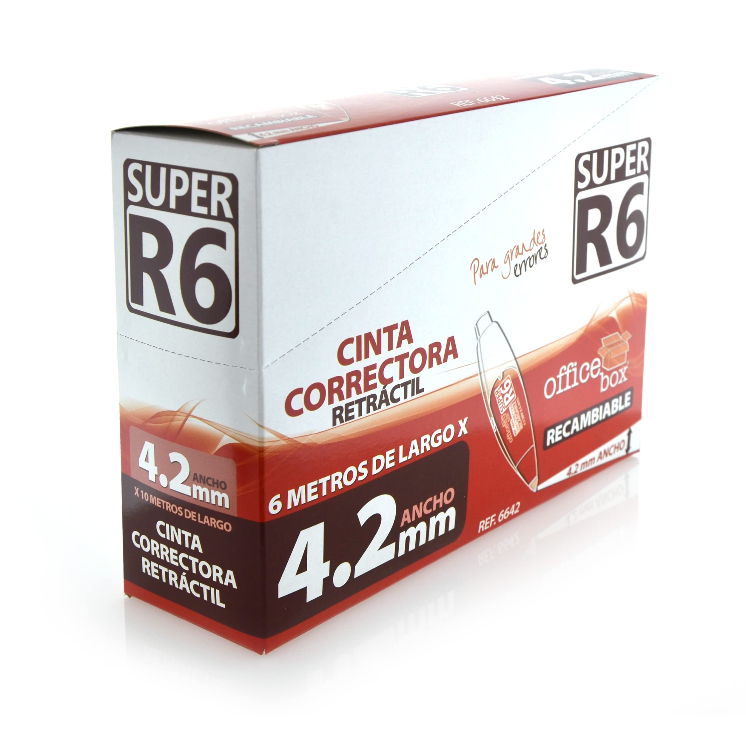 office box Pack 12 Cinta Correctora Retráctil y Recargable SUPER R6-4.2 mm de ancho x 6 Mt. de Largo - by (12 Ud - Corrector 4.2 mm Ancho)