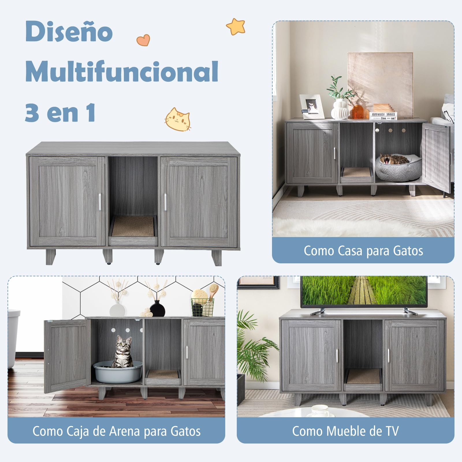 COSTWAY Cajas de Arena para Gatos, Casa de Baño Oculto para Mascota con 2 Puertas, Arenero Cubierto con Entrada Sinuosa y Tablero Rascador, Mesa Auxiliar para Gatos 120 x 52 x 65 cm (Gris Oscuro)