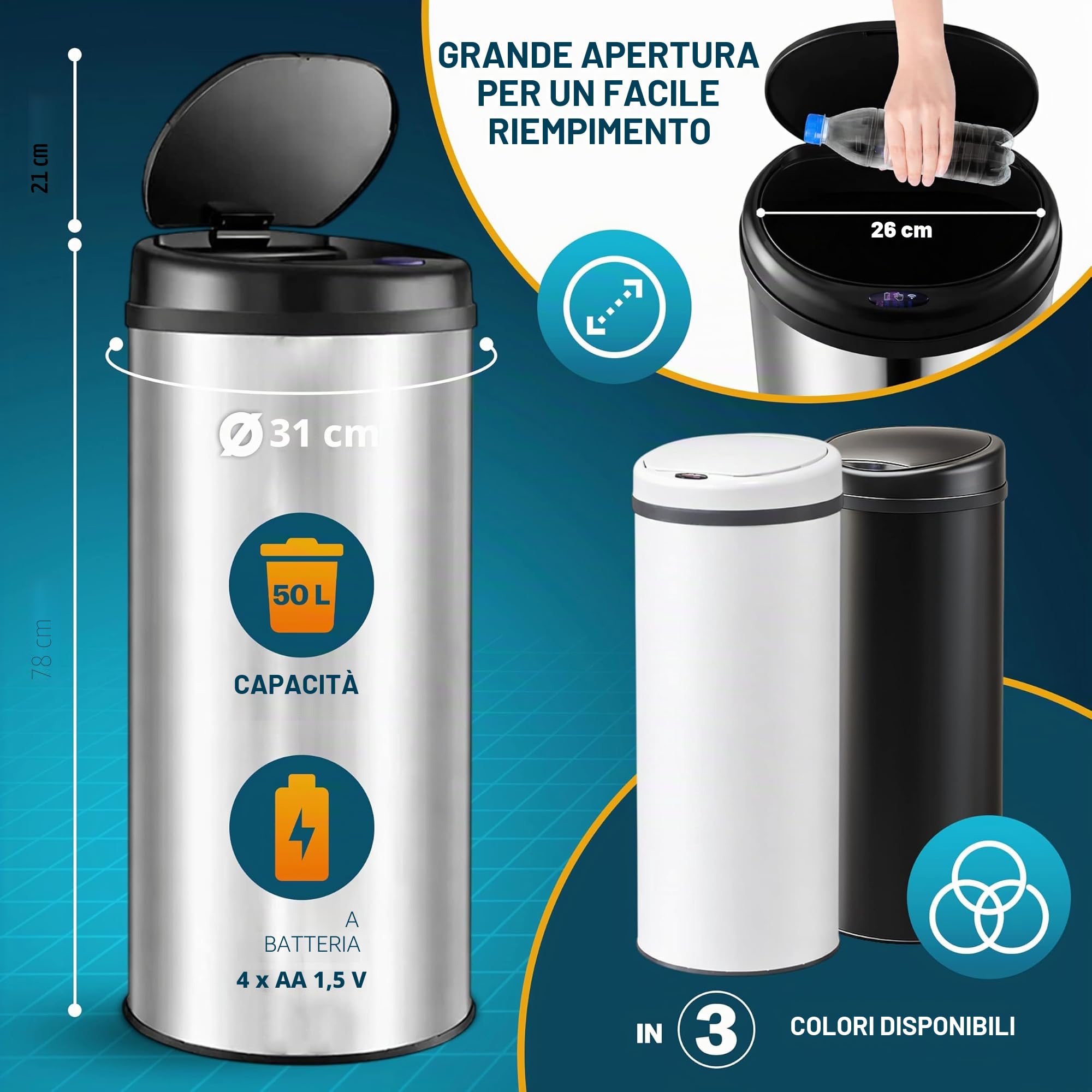 Monzana® Cestino a Sensore incl. Cavo di Ricarica Acciaio Inox Display LED Touchless Pattumiera Smart Raccolta Differenziata | Pattumiera intelligente da 50 l, con sensore, senza contatto, riciclabile, in acciaio inox, cavo USB, vano batteria protetto