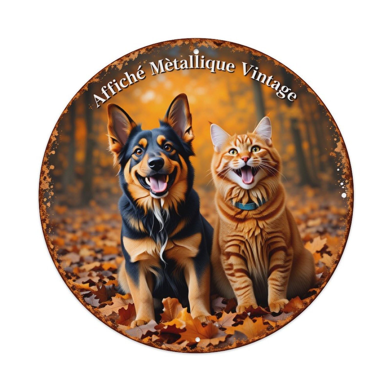 Autumn Leaves Dog Cat Forest Round Tin Sign Vintage Style Metal Sign Home Bar Garden Wall Plaque Decor Metal Poster 8x8 Inch