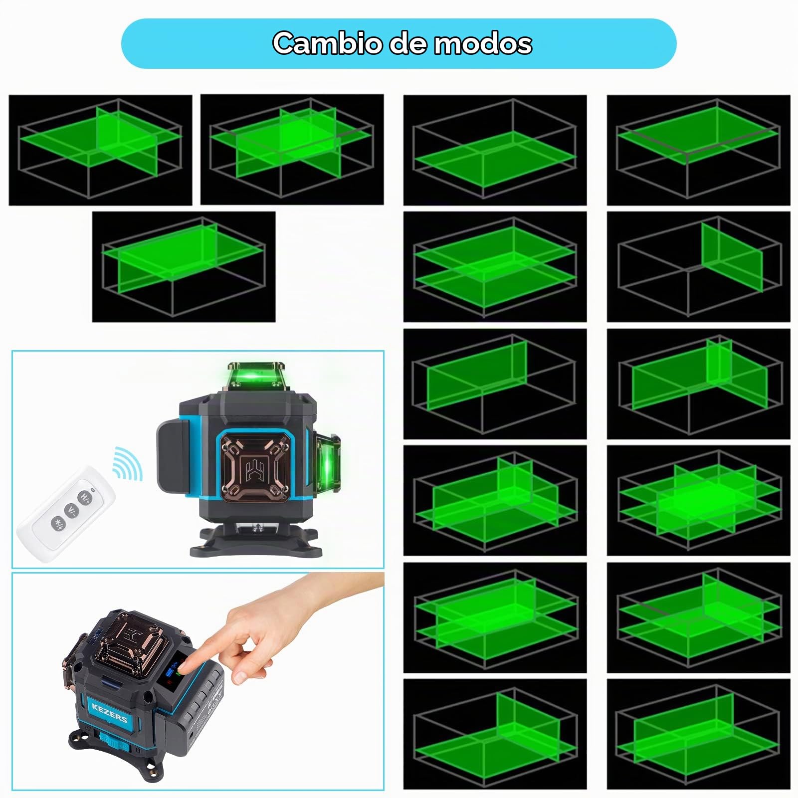 KEZERS Láser de Líneas Cruzadas Verde 4x360°, Nivel de Burbuja Láser Autonivelante 16 Líneas, Láser de Líneas Cruzadas con Pantalla, Mando a Distancia, Soporte de Pared, para Interiores y Exteriores