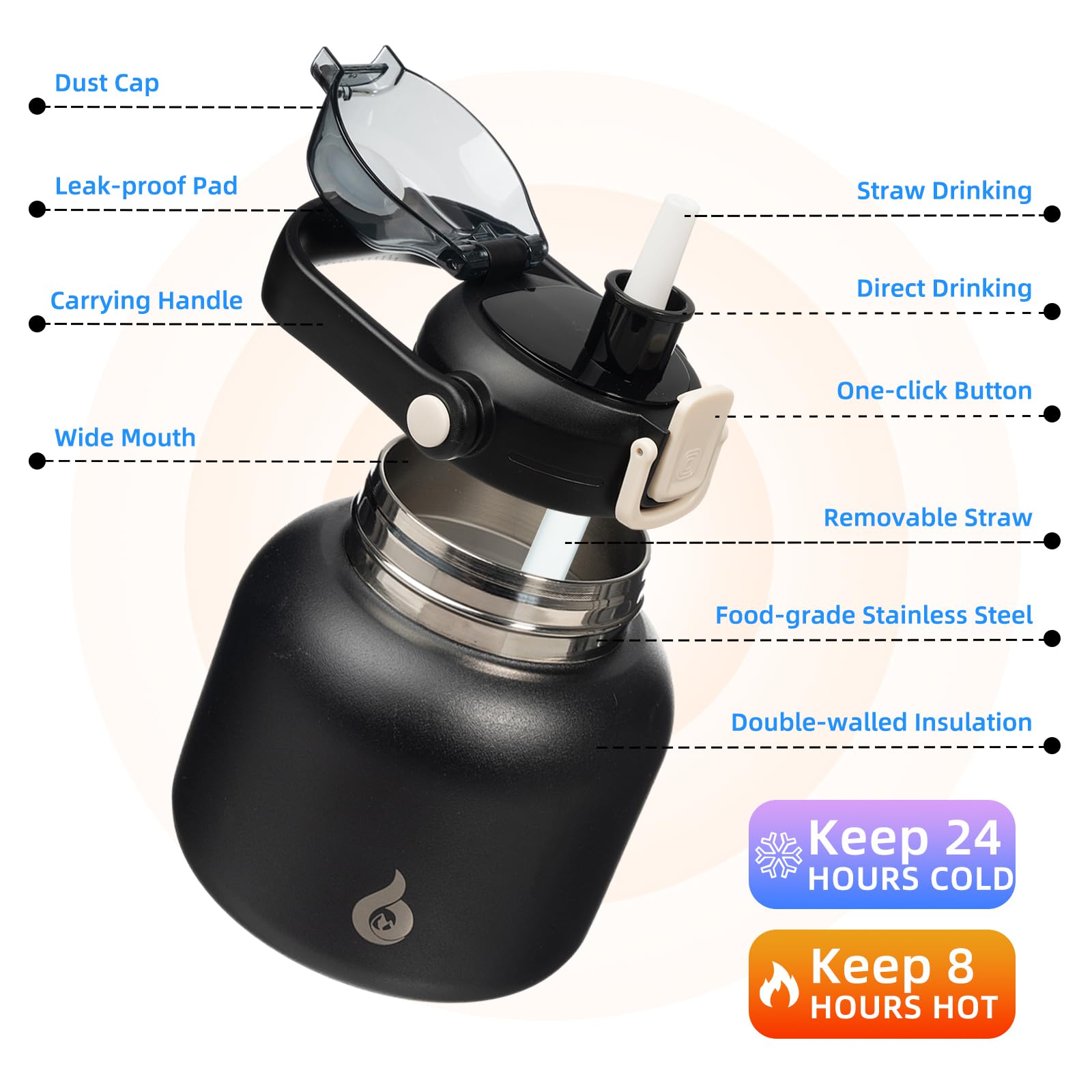 BJPKPK Botellas de agua aisladas con popote, bonitas botellas de agua de 27 onzas con asa, termo de metal de acero inoxidable sin BPA, termo fácil de transportar para hombres y mujeres, color negro