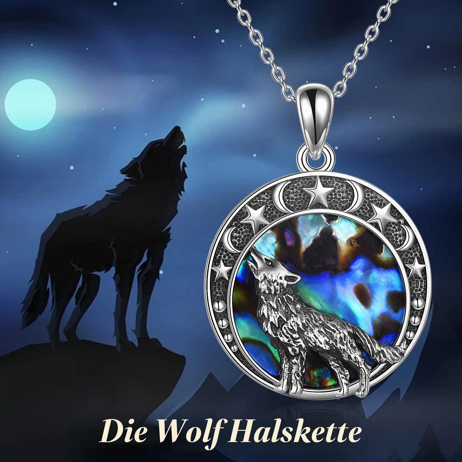 Wolf Kette Schmuck für Damen Sterling Silber Mond Viking Anhänger Halskette Geschenke für Männer Mädchen