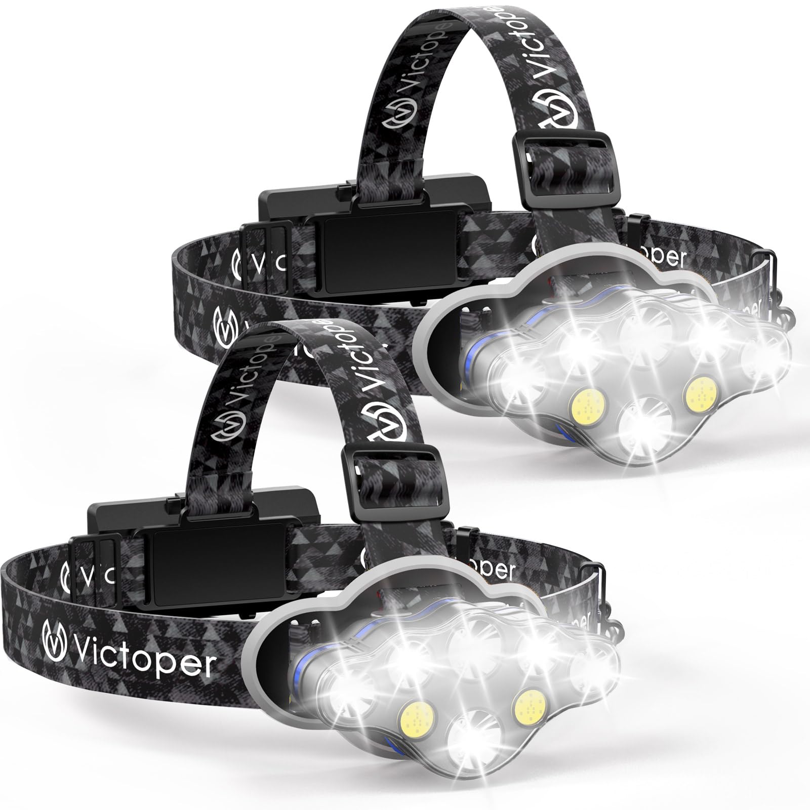 Victoper Rechargeable Headlamp 2 Pack, 8 LED High Lumen Bright Head Lamp with Red Light, Lightweight USB Head Light, 8 Mode Waterproof Head Flashlight