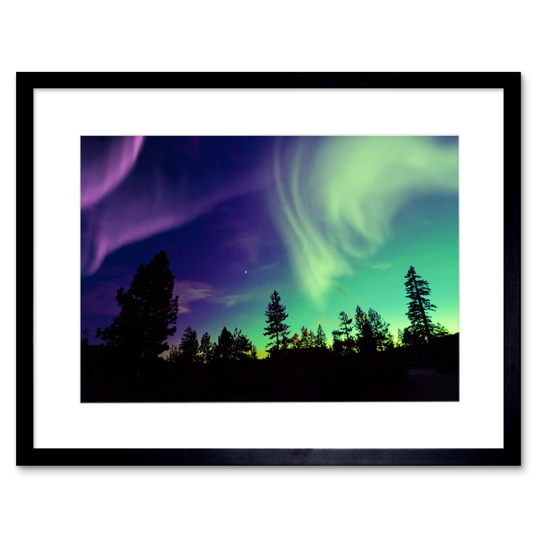 Wee Blue Coo Framed Black 12X16 Pine Trees Silhouette Northern Lights Art Print Framed Poster Wall Decor 12X16 Inch