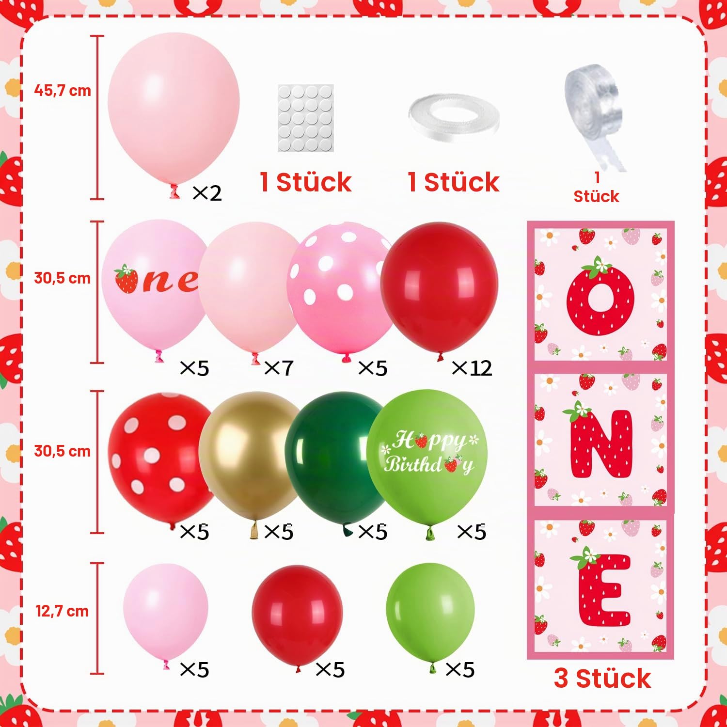Deko 1. Geburtstag Mädchen, Luftballon Girlande Erdbeere, Erdbeere Themed Geburtstagdeko 1 Jahr, 84 Stück Geburtstagsdeko 1 Jahr Mädchen, für 1 Geburtstag Mädchen, Geburtstagsdeko Mädchen