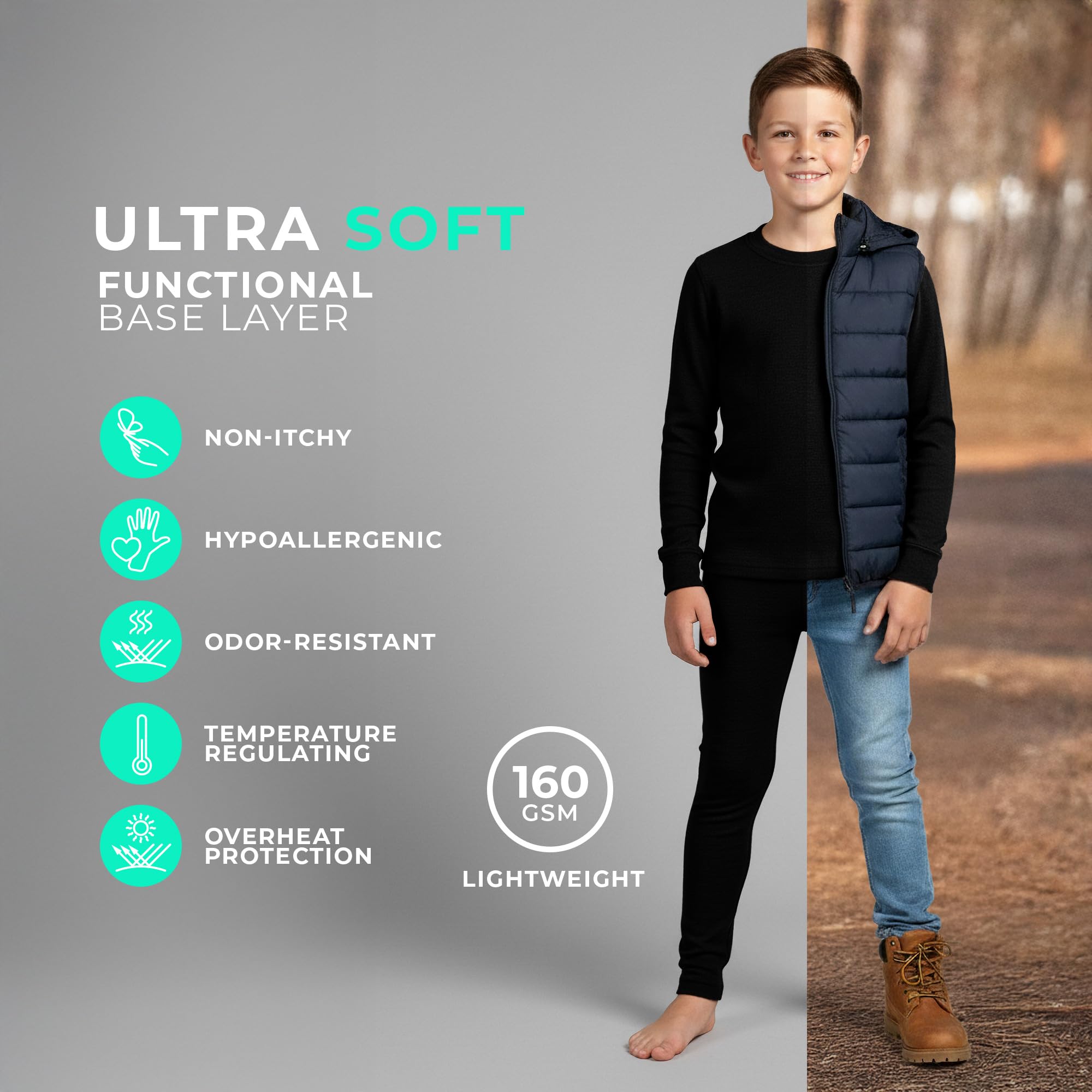 menique Legging à manches longues 100 % laine mérinos – Ensemble de couche de base thermique respirante pour filles et garçons, pour le sport, le ski, l'extérieur, le sommeil