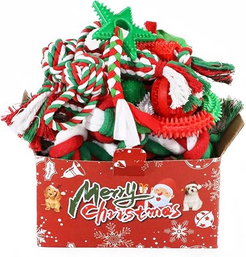 Beiker Juguetes masticables para cachorros para dentición, paquete de 15 juguetes de Navidad para perros pequeños, regalos interactivos para