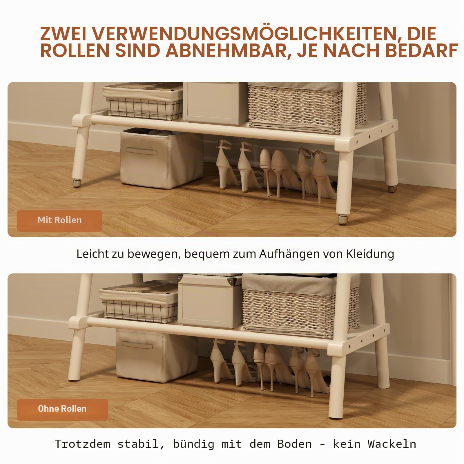 AQIMUELE Kleiderständer, Mobiler Garderobenständer aus Massivholz, Garderobe, Kleiderablage, mit Stange, Regal und 4 Haken, Einfache Montage, für Schlafzimmer und Garderobe (Weiß - mit Rollen)