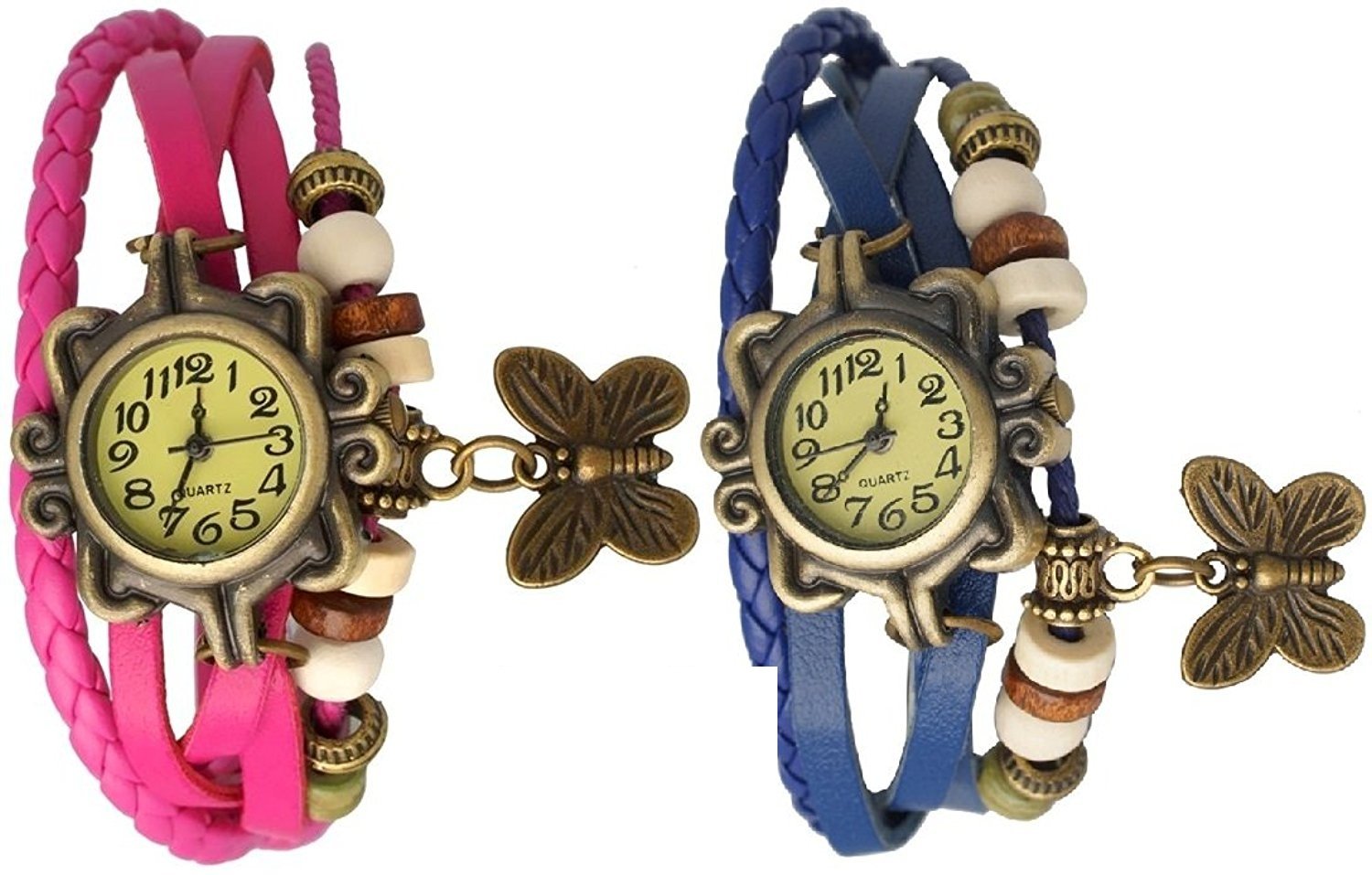Pappi-Haunt Vintage Leather Pink and Dark Blue Butterfly Analogue Gold Dial Womens Bracelet Watch - Pack of 2 (B01F00FT3W) Amazon Price History, Amazon Price Tracker