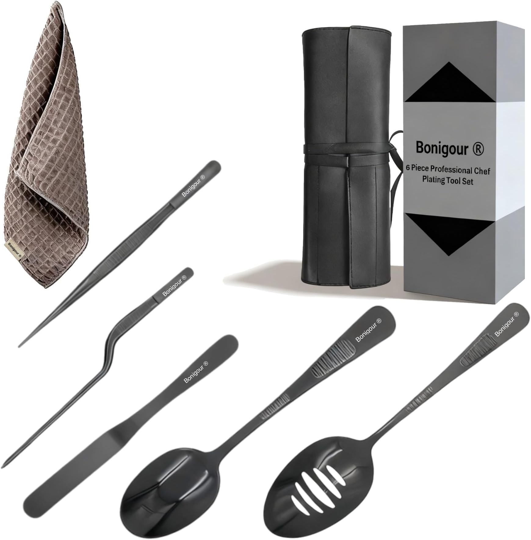 Plating Tool Culinary Set, 6 Piece Professional v Kit, Chef Plating Utensils, Spatula, Tweezers for Modernist Cuisine Food Art, Black, Cooking Utensils (Black)