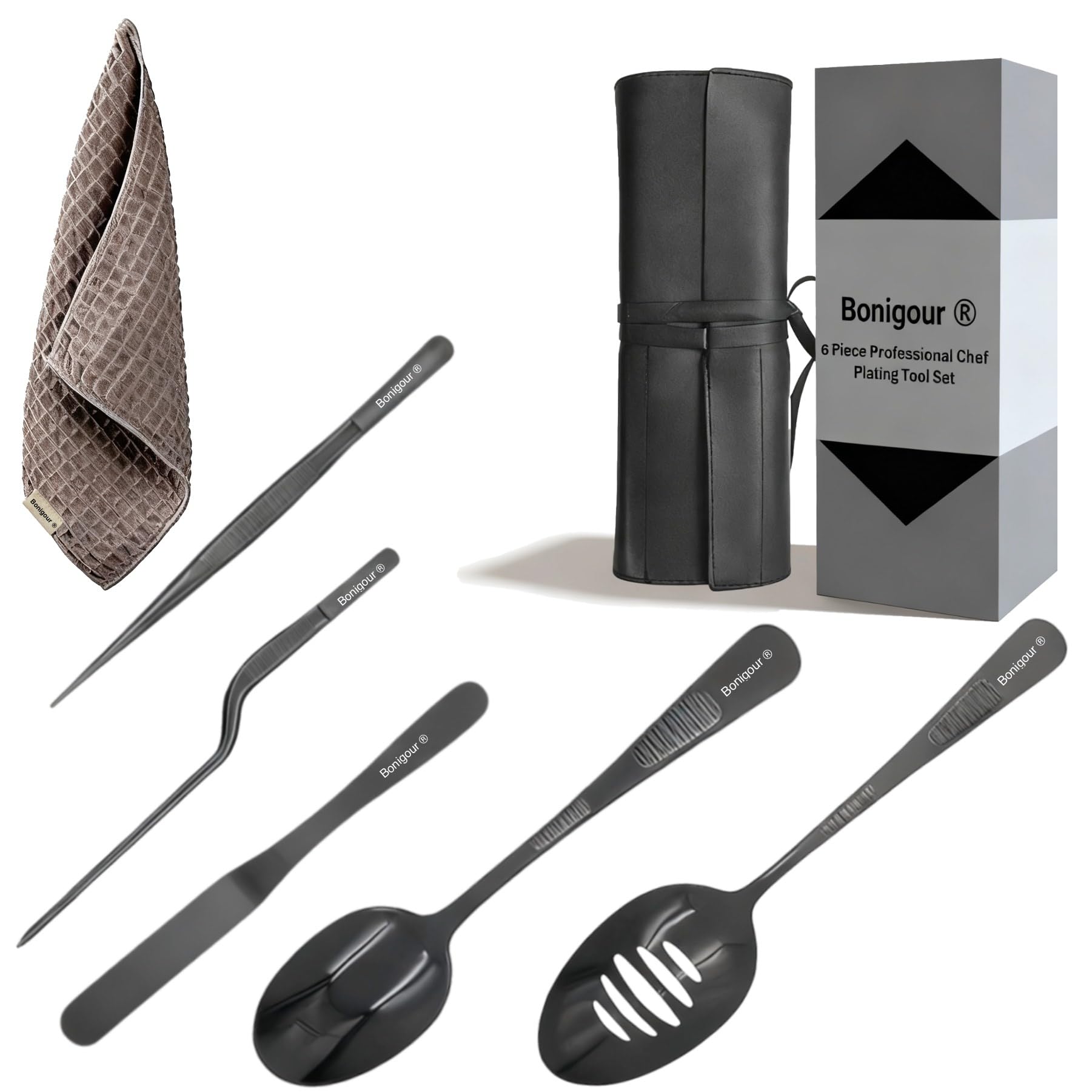 Bonigour Plating Tool Culinary Set, 6 Piece Professional v Kit, Chef Plating Utensils, Spatula, Tweezers for Modernist Cuisine Food Art, Black, Cooking Utensils (Black)