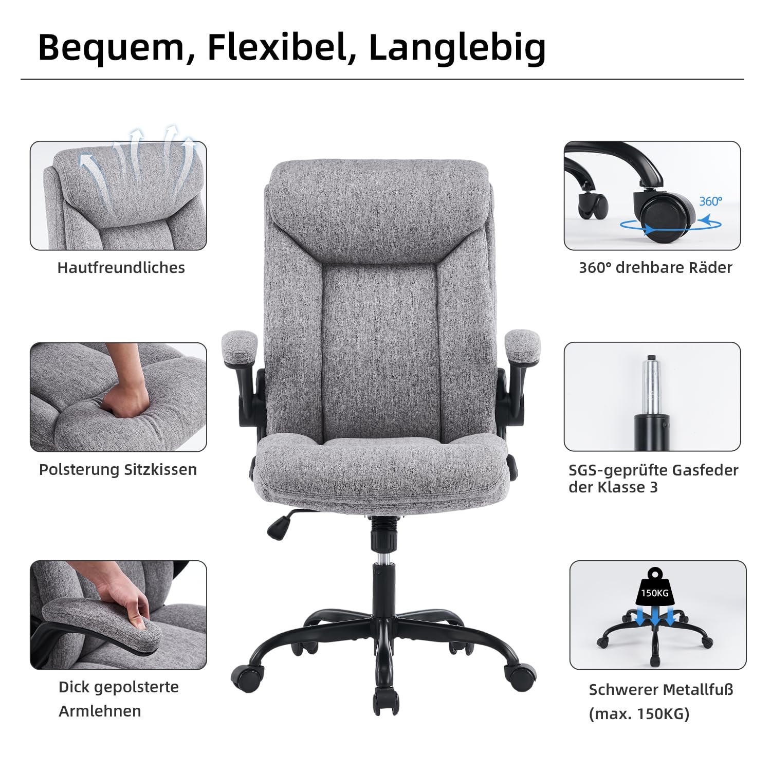 MZLEE Ergonomischer Bürostuhl Computerstuhl Schreibtischstuhl Drehbarer Arbeitsstuhl mit hochklappbarer Armlehne, höhenverstellbar, Bequem für Büro Heim Gaming (Grauer Stoff)