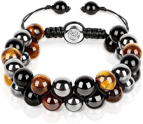 Triple Protection Bracelet 8mm 10mm Natural Stone Beads Obsidian Tiger Eye Hematite Double Layer Hand Healing Crystal Stretch BraceletProtection