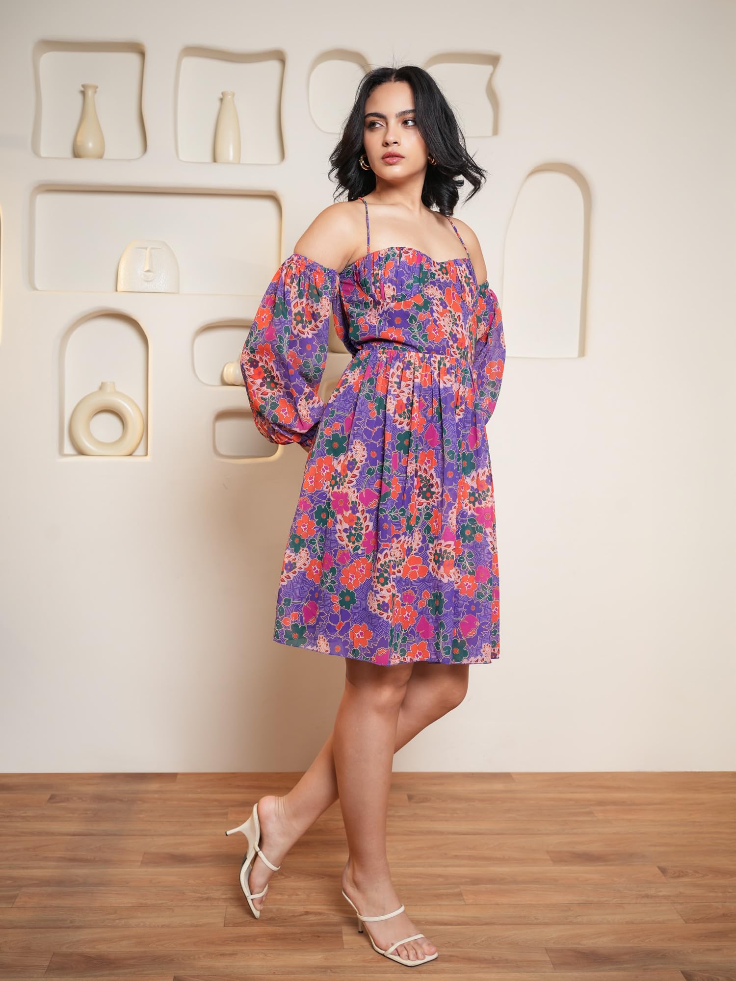 Purvaja Womens Fit & Flare Above Knee Length Dress (Floe-029_Purple_Large)