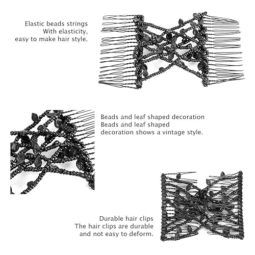 Miniatura 4 de Juego de pinzas y peines para el cabello de perlas – clips dobles elásticos elásticos, peines mágicos, herramienta de peinado de cabello DIY (negro)