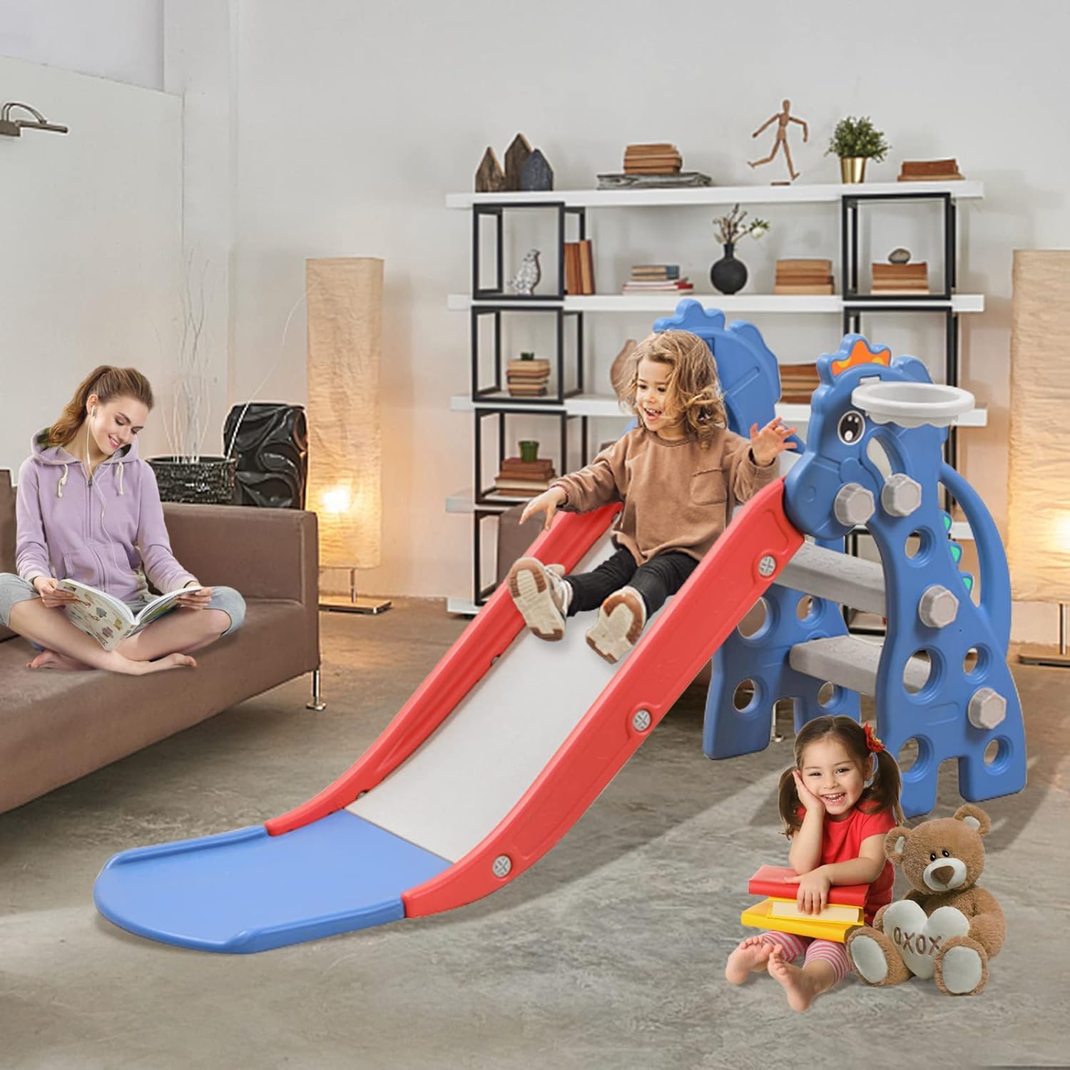 LARS360 Scivolo 3 in 1 per Bambini - Con Scala da Arrampicata e Cestino da Basket, Pieghevole, Parco Giochi Multifunzionale per Bambini 1-5 Anni, per Uso Interno ed Esterno