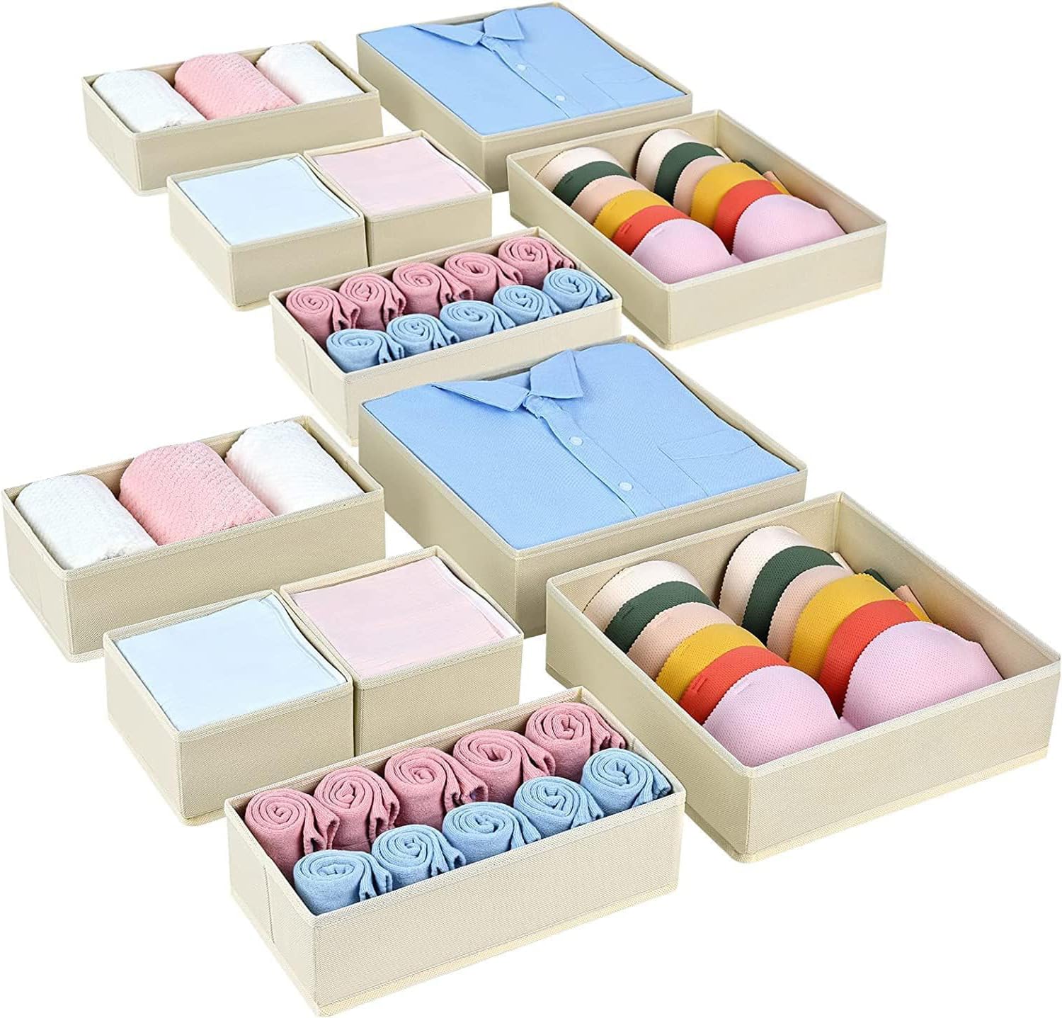 Homsorout Organizer per Cassetti Armadio - Divisori per Cassetti Contenitori per Guardaroba Organizzatore Cassetti per Calze, Pantaloni, Biancheria Intima, 12 Pezzi Beige | Organizer per cassetti, pieghevole, in tessuto, adatto per cassettiera, calze, reg