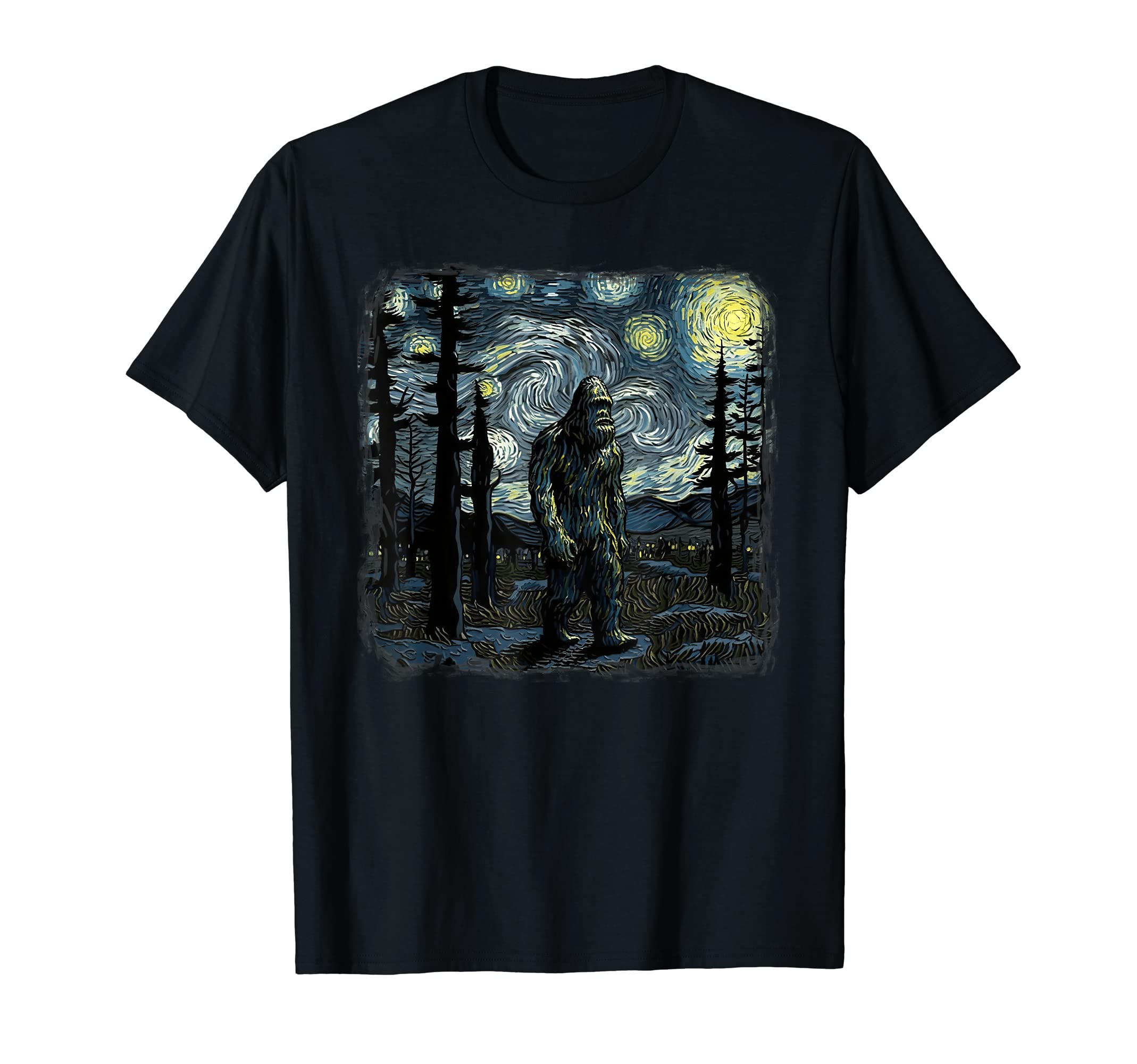 Van Gogh Starry Night Bigfoot Co.Bigfoot Starry Night Sasquatch Van Gogh Sky Painting Art T-ShirtOEKO-TEX STANDARD 100