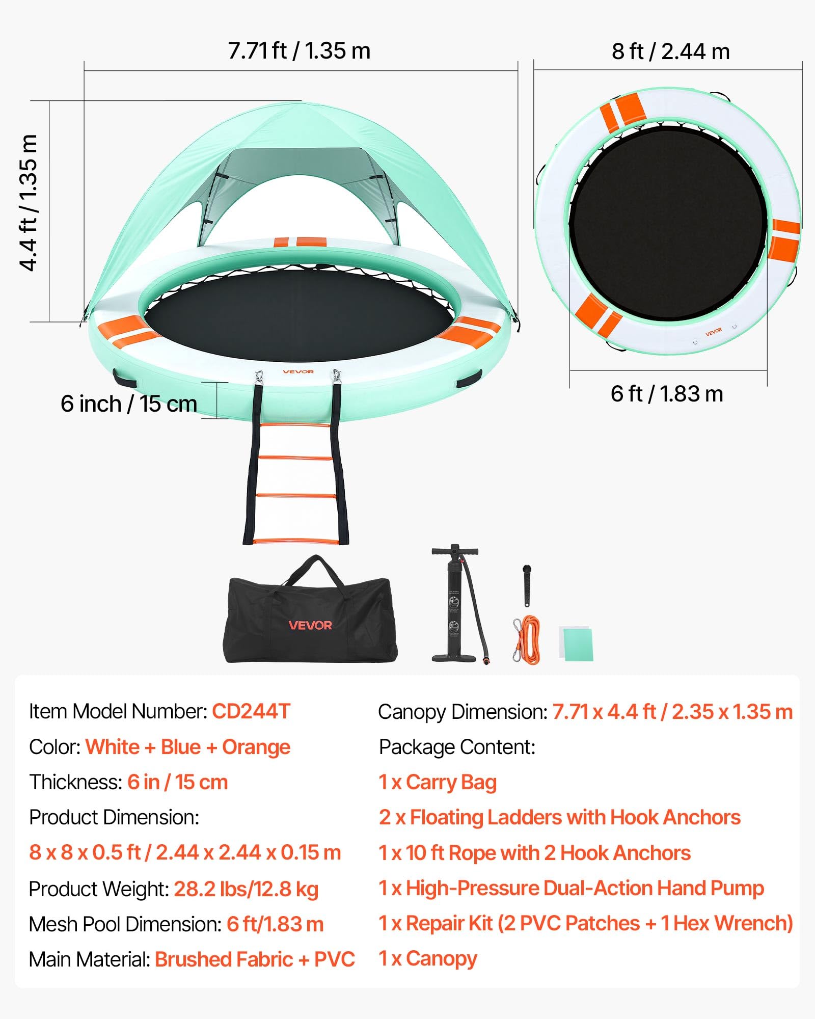 VEVOR Colchoneta para Piscina, Diámetro de 2,44 m, Flotador Inflable Redondo, con Malla Escalera Desmontable Toldo Parasol Bolsa de Transporte, Hamaca Inflable Isla de Agua para Piscina Playa Lago