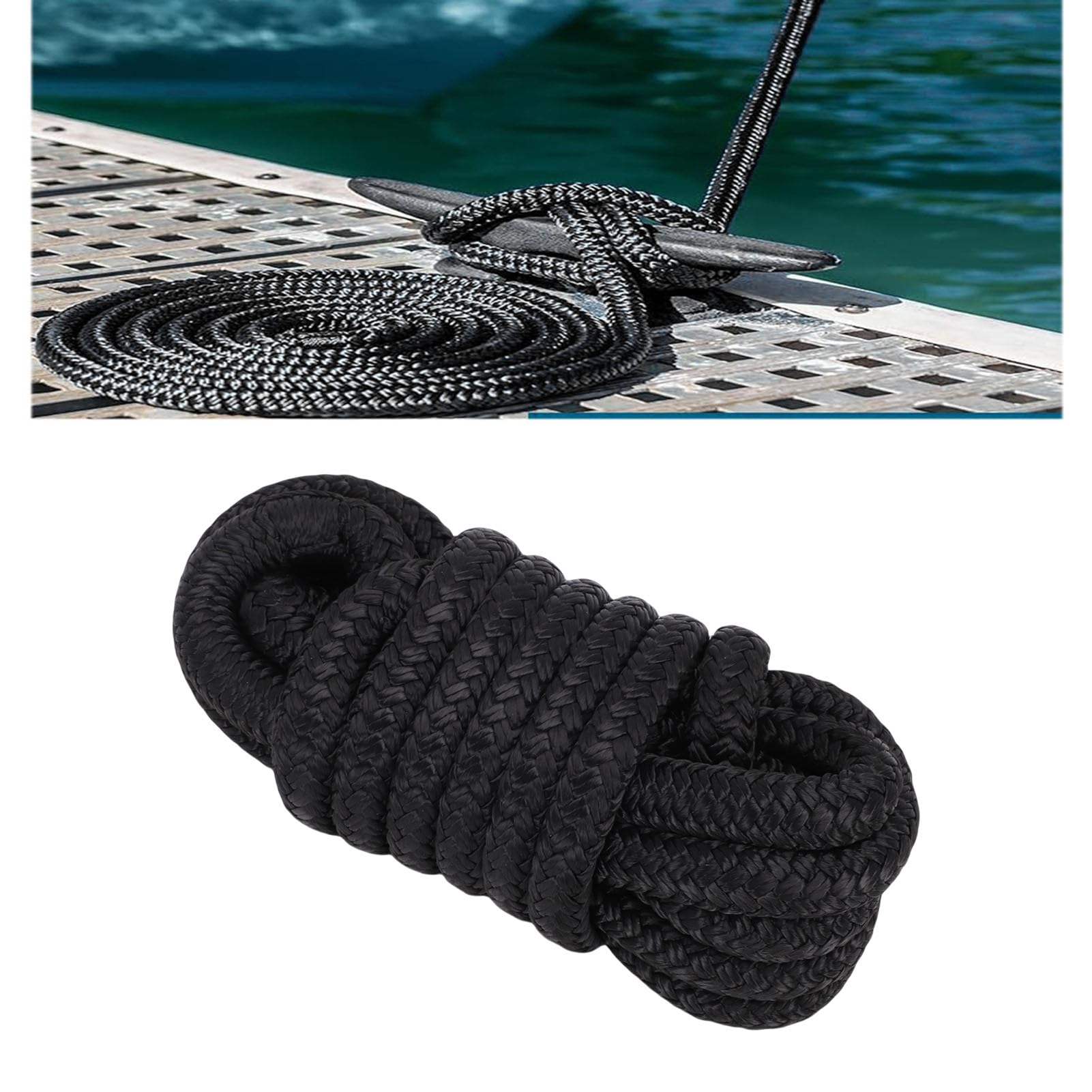 Generic Cavo per Ormeggio in Nylon Intrecciato Doppio, Corda per Barche di Grado Marino da 3/8 Pollici X 15 Piedi per Barche Fino a 35 Piedi (Nero)