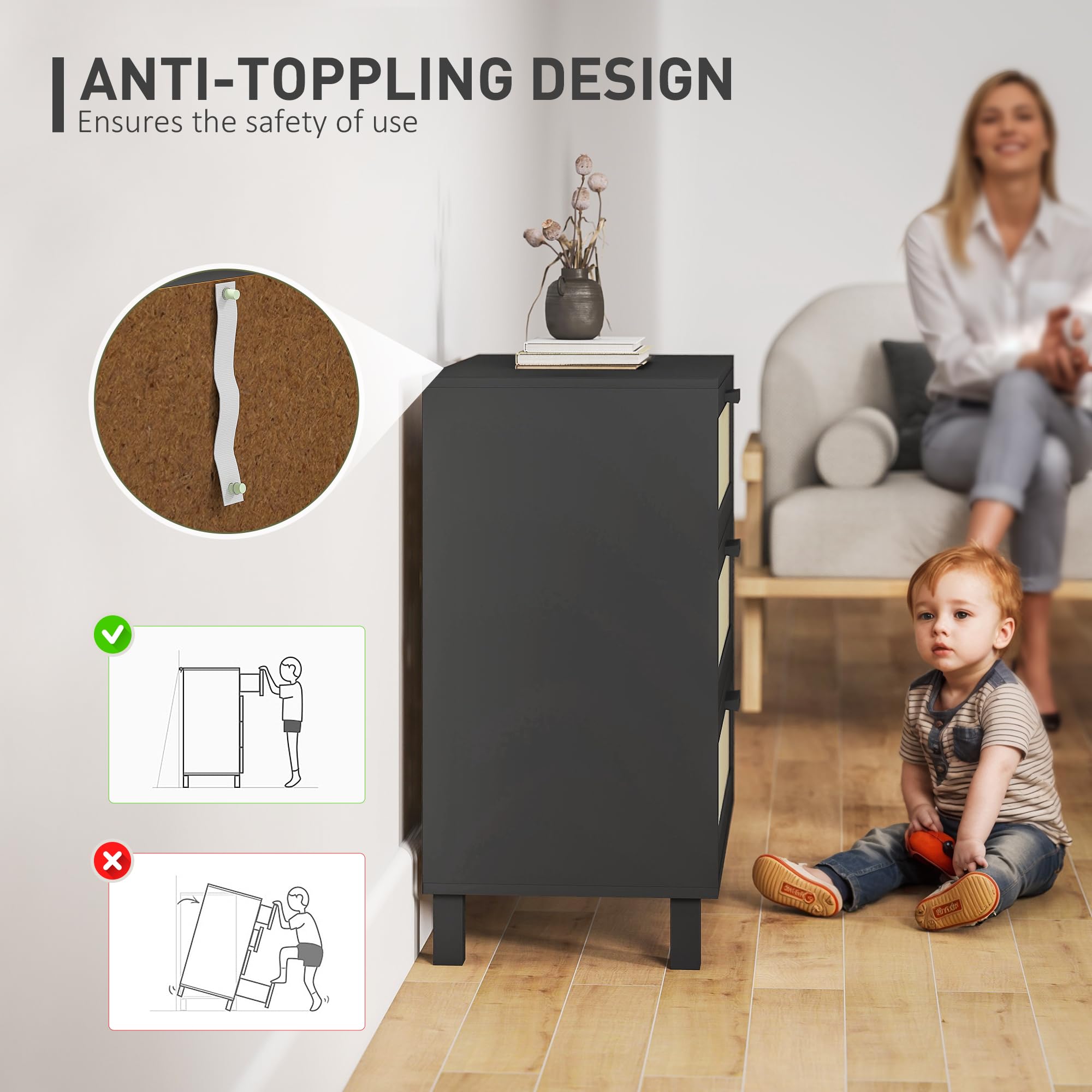 HOMCOM Commode en rotin pour Chambre à Coucher, 3 tiroirs, Commode bohème pour Salon, Couloir, Noir
