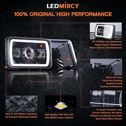 Miniatura 3 de Luces LED de 4 x 6, 4 unidades, haz sellado alto y bajo con halo DRL, luz rectangular para camiones Chev-rolet Peterbil con H4651 H4652 H4656 H4666