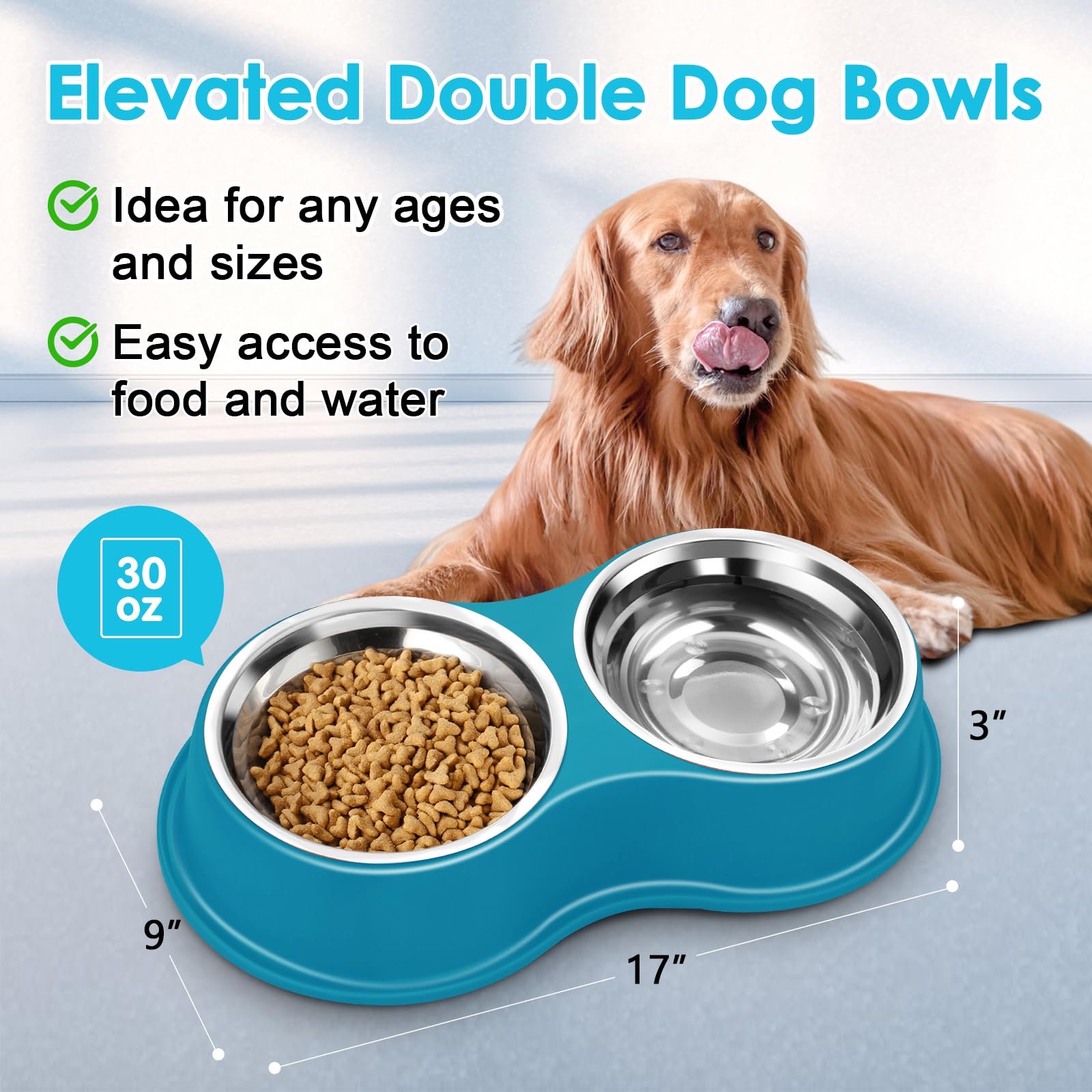 Epetslove Juego de cuencos grandes de acero inoxidable para perros con base antideslizante, cuencos de alimentación para mascotas con bordes elevados para evitar derrames, plato para perros y gatos
