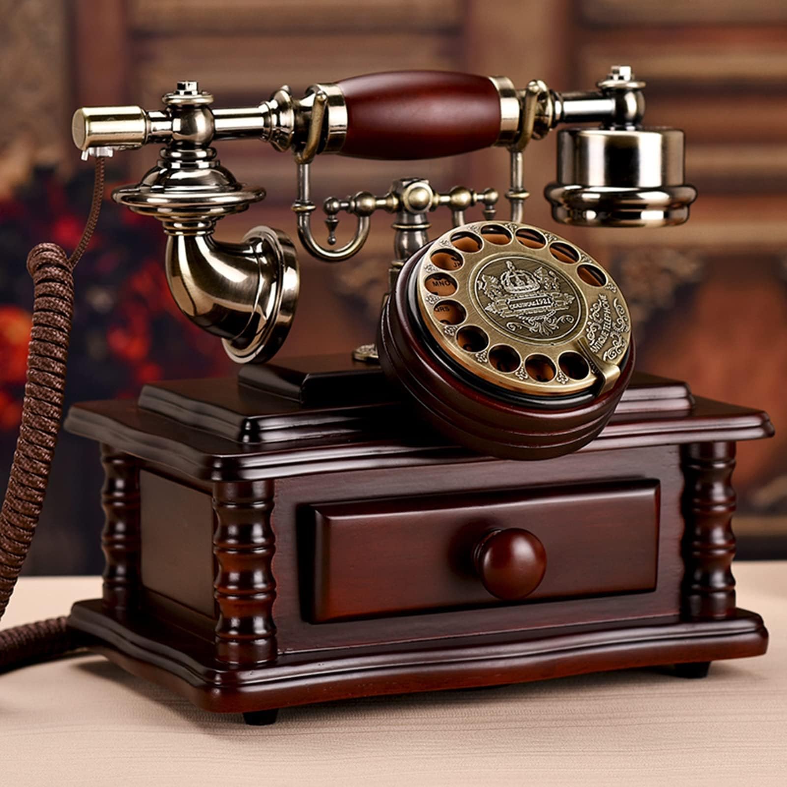 Retro przewodowy telefon stacjonarny, telefon stacjonarny, z litego drewna, z obrotową tarczą i szufladą, do domowego biura