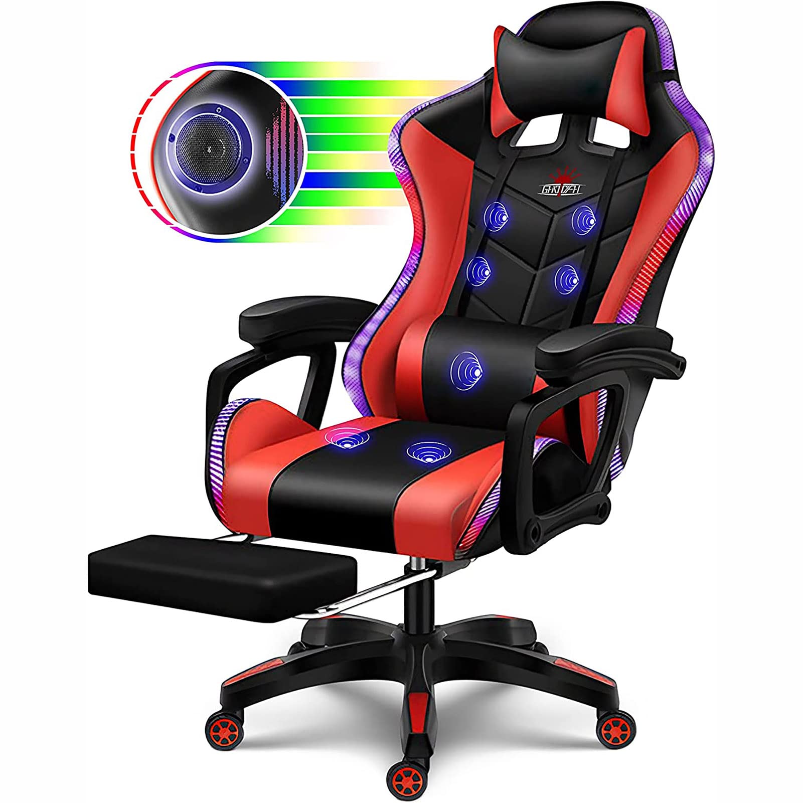 Chaise de jeu vidéo ergonomique rouge anti-fatigue avec haut-parleurs et coussin massant