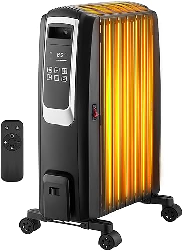 Calentador de radiador de aceite, calentadores eléctricos de 1500 W para uso en interiores con temporizador de 24 horas, control remoto, 7 aletas,