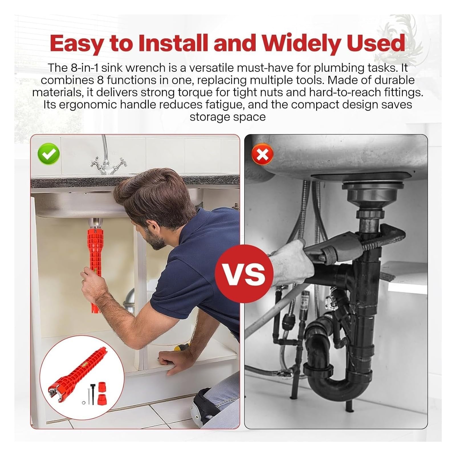 8 en 1 Sink Wrench Plumbing Tool with Level Bubble for Kitchen Bathroom (2pcs)