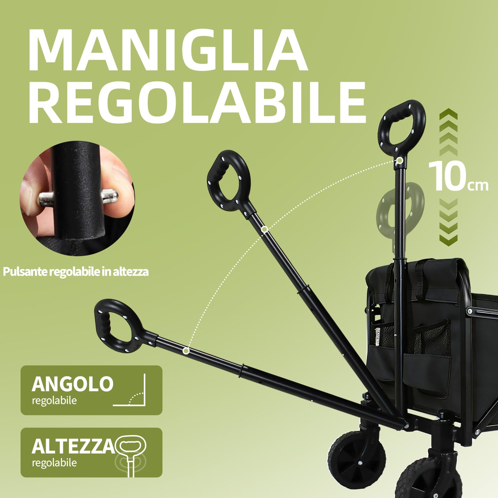 Carrello pieghevole è dotato di grandi ruote staccabili e di una maniglia regolabile, Capacità di carico massima 100kg/210 kg，Adatto per campeggio, giardini e shopping