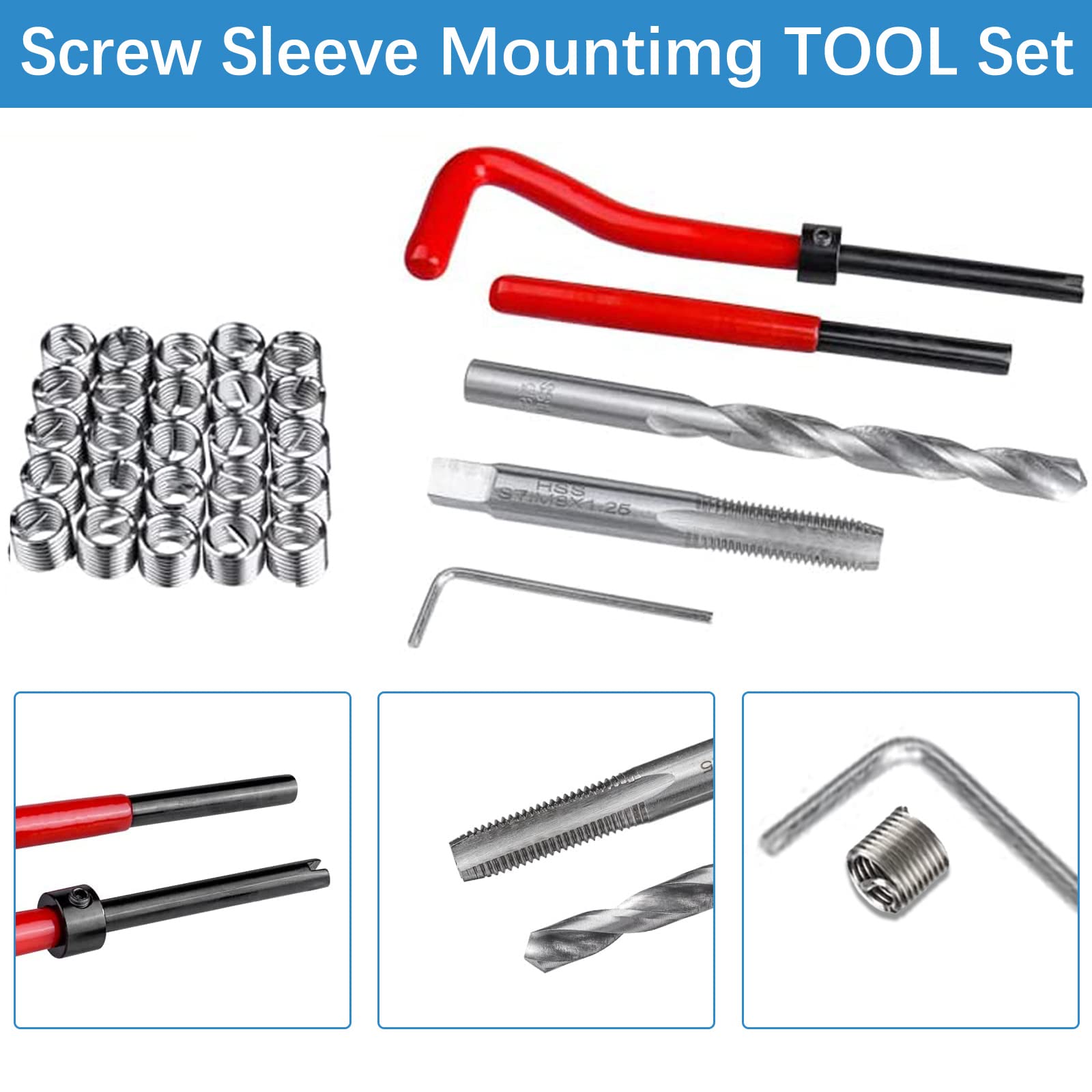 1 Kit Riparazione filetti,Kit di Riparazione Filettatura in Acciaio Inox Filettatura Interna di Riparazione Accessori Assortimento Kit di Inserti Filettati