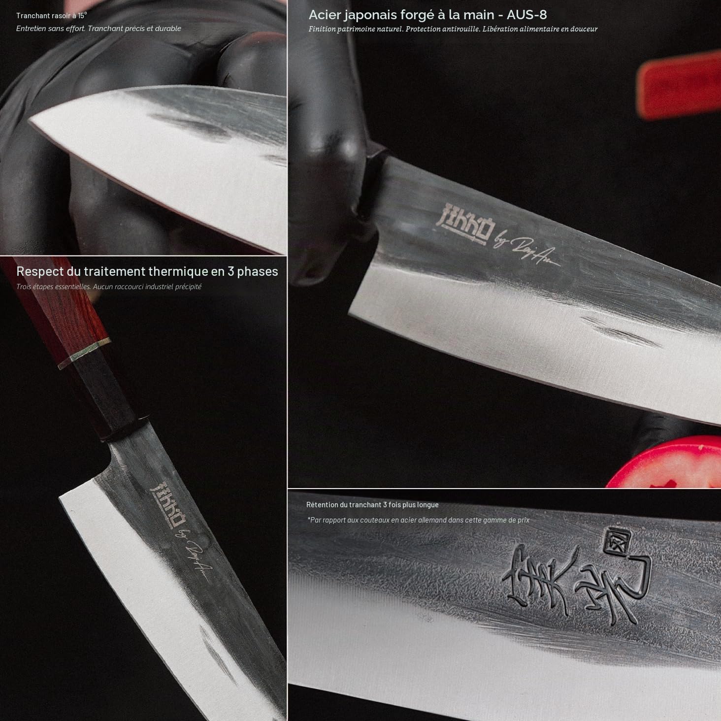 JIKKO Couteau de chef japonais – Acier inoxydable AUS-8 à haute teneur en carbone de 21 cm | Finition forgée à la main | Manche en palissandre et ébène | Couteau de cuisine professionnel
