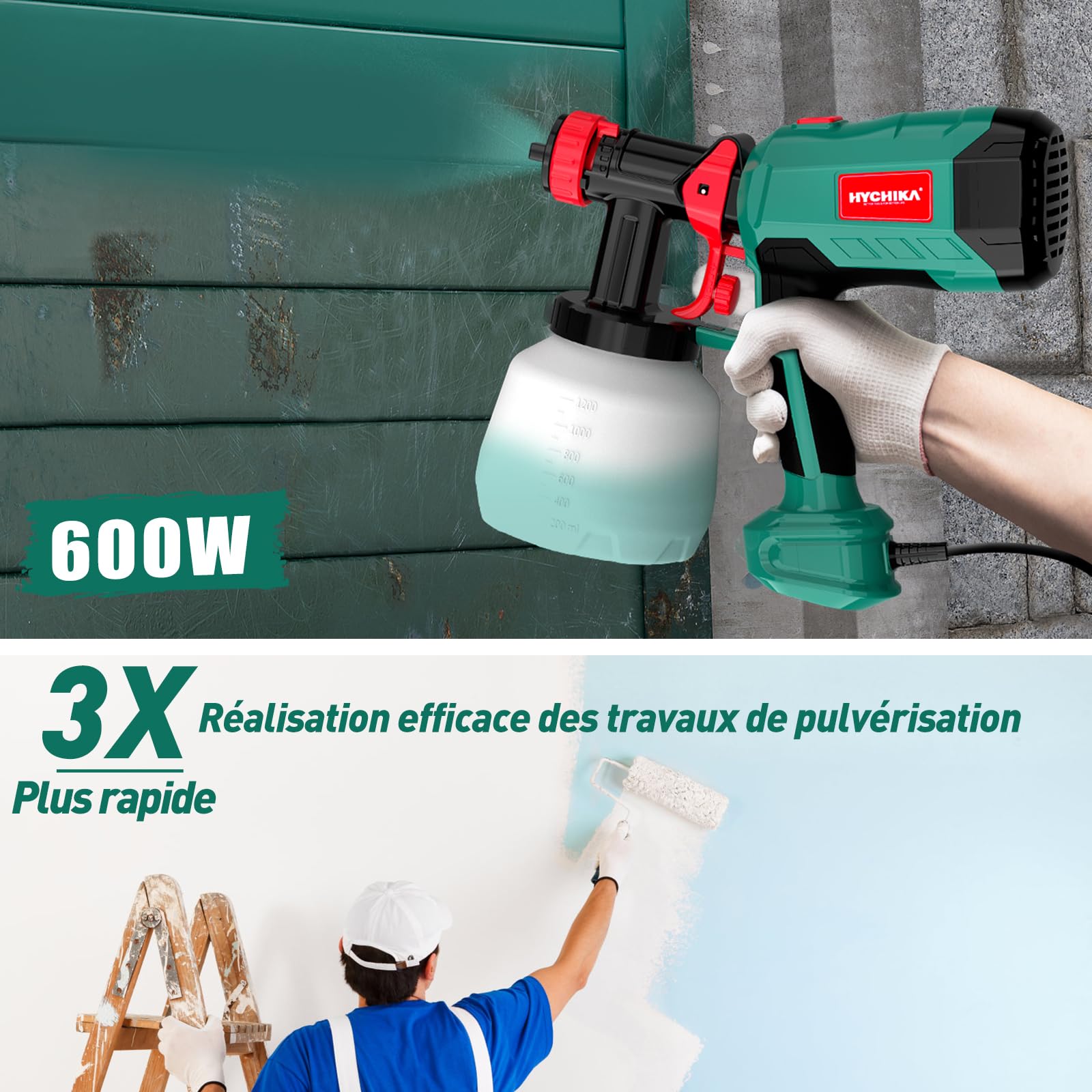 HYCHIKA Pistolet a Peinture, 600W HVLP Pistolet Peinture, Réservoir 1200ML, 4 Buses et 2 Outils de Nettoyage, Facile à Nettoyer, Pulvérisateurs de Peinture à 3 Motifs pour Murs et Plafonds, Clôtures