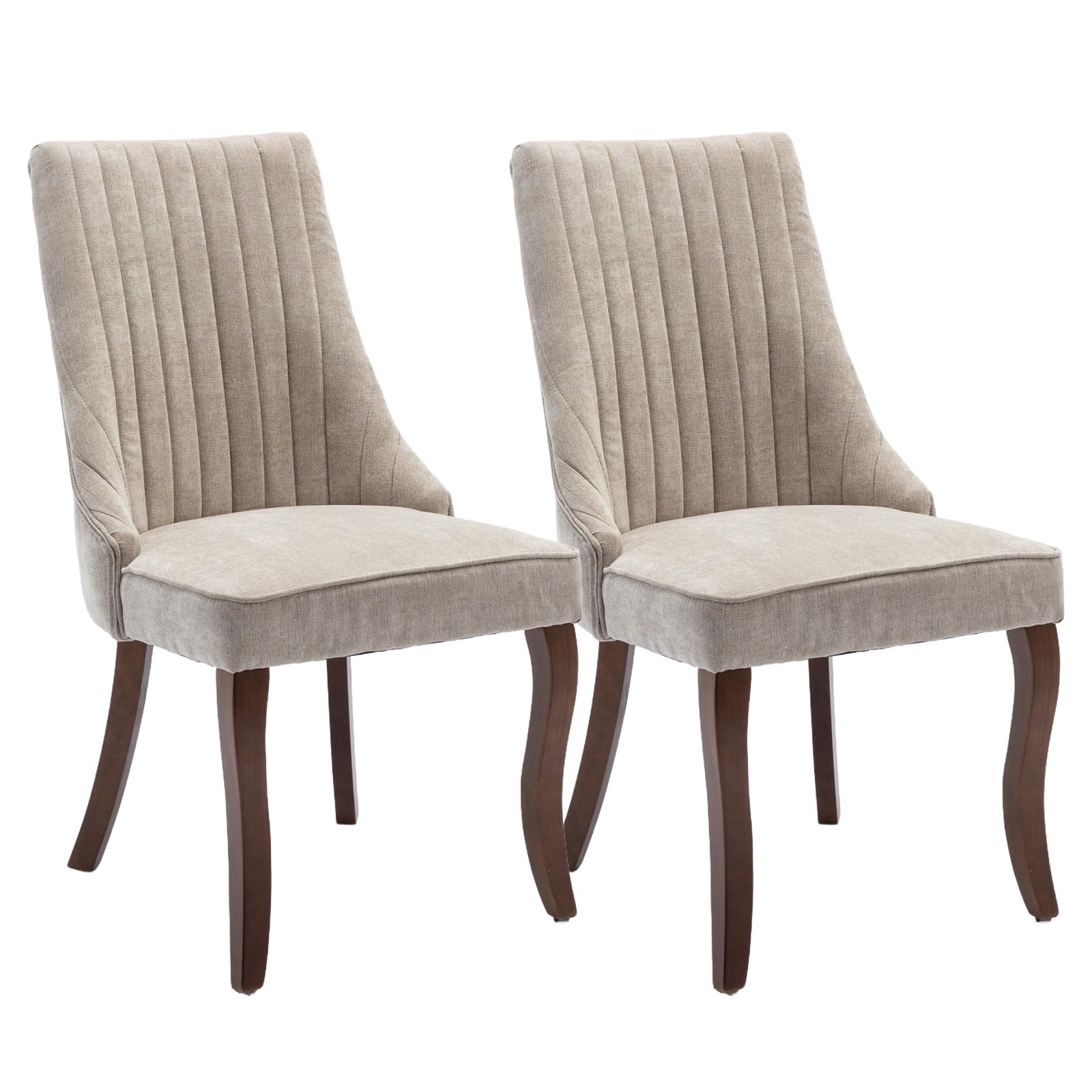 SoarFlash Conjunto de 2 sillas de Comedor, con Respaldo Alto y Acolchado Vertical, Patas de Madera Maciza curvadas, Elegante Silla tapizada para el Comedor, Beige Gris
