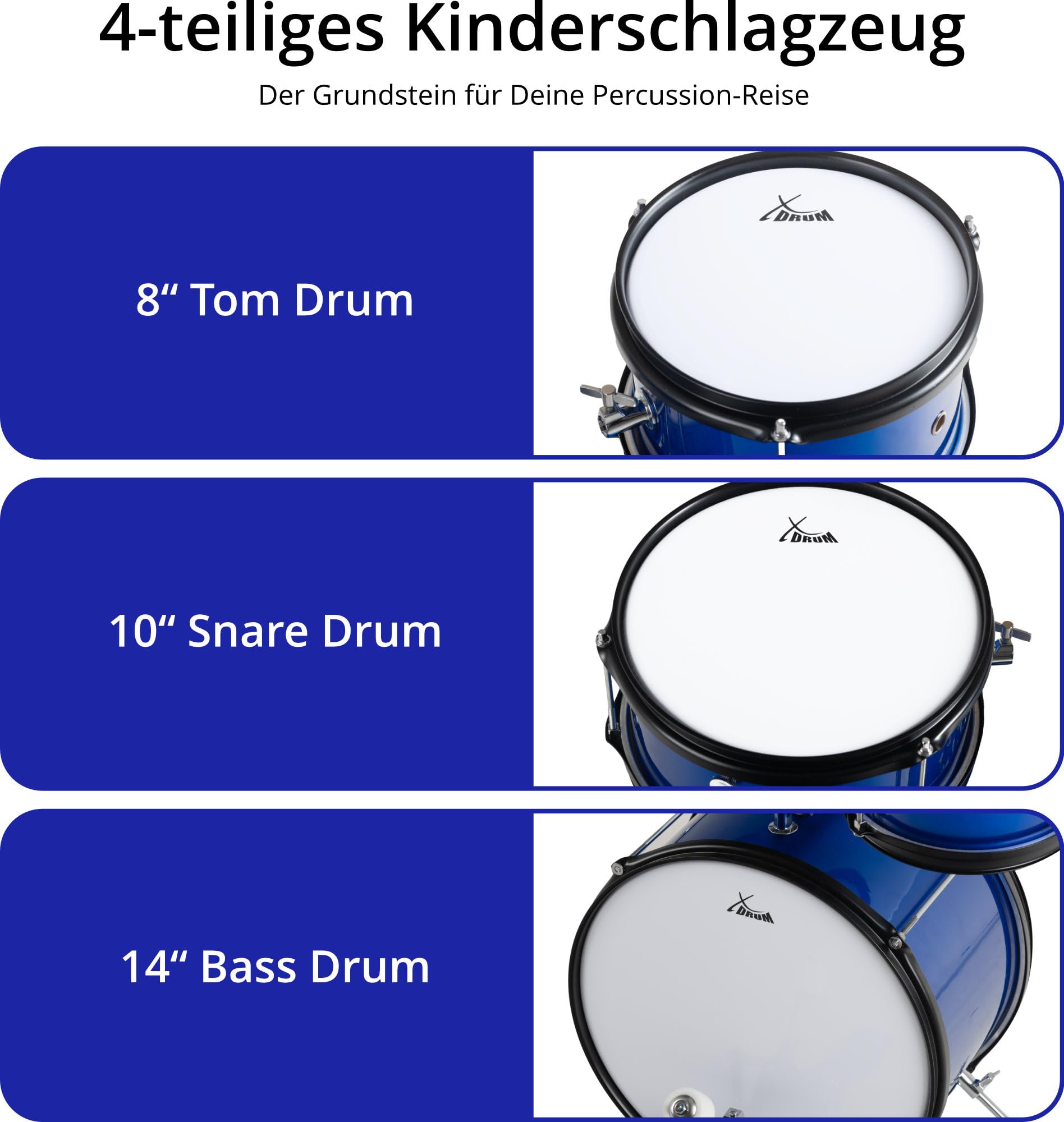XDrum Junior KIDS Schlagzeug inkl. Schule - Kompaktes Kinderschlagzeug - Für Kinder im Alter von 3-5 Jahren - Kinderleichter Aufbau - Mit Schule, Hocker, Drumsticks & Stimmschlüssel - Blau
