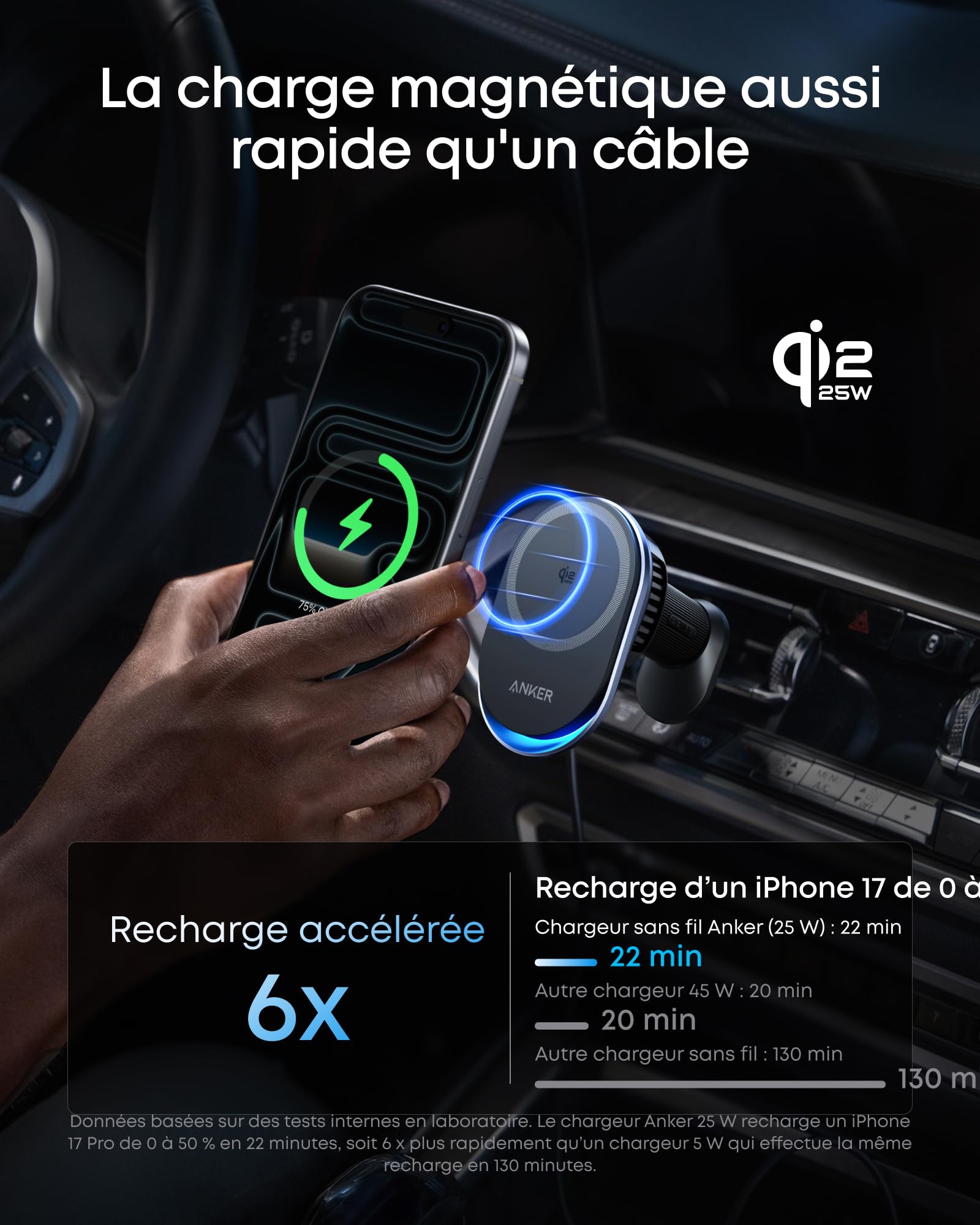 Anker Prime Chargeur allume-cigare MagSafe, Certifié Qi2 25 W avec Refroidissement TEC, Aimants Forts, Support de Ventilation, iPhone séries 12 à 17 (vérifiez la compatibilité, adaptateur 60 W inclus)