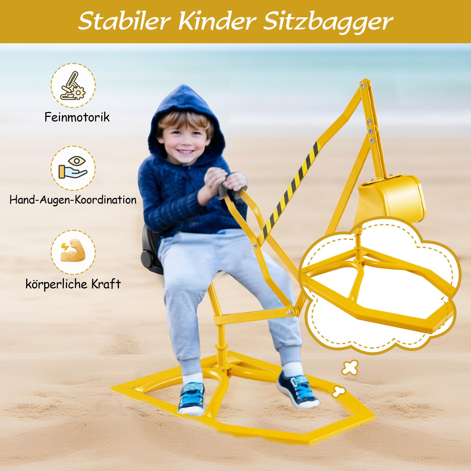 COSTWAY Sitzbagger 360° drehbar, Bagger zum Draufsitzen Metall, Bagger Sandkasten mit Schaufel & 2-Hände-Steuerungen, Aufsitzbagger Sandbagger für Kinder ab 3 Jahren (Gelb)