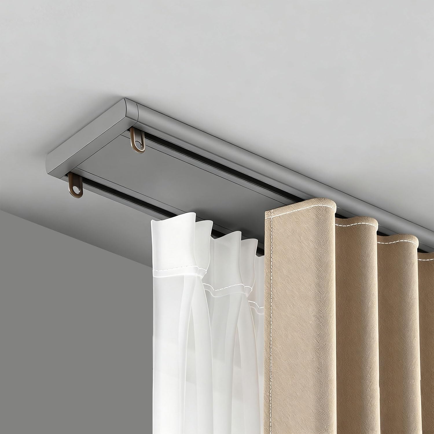 Système de rail de tringle double ain monté au plafond – Aluminium, facile à installer pour salon, chambre à coucher, bureau – Gris 5,5 m / 18ft, design moderne et élégant
