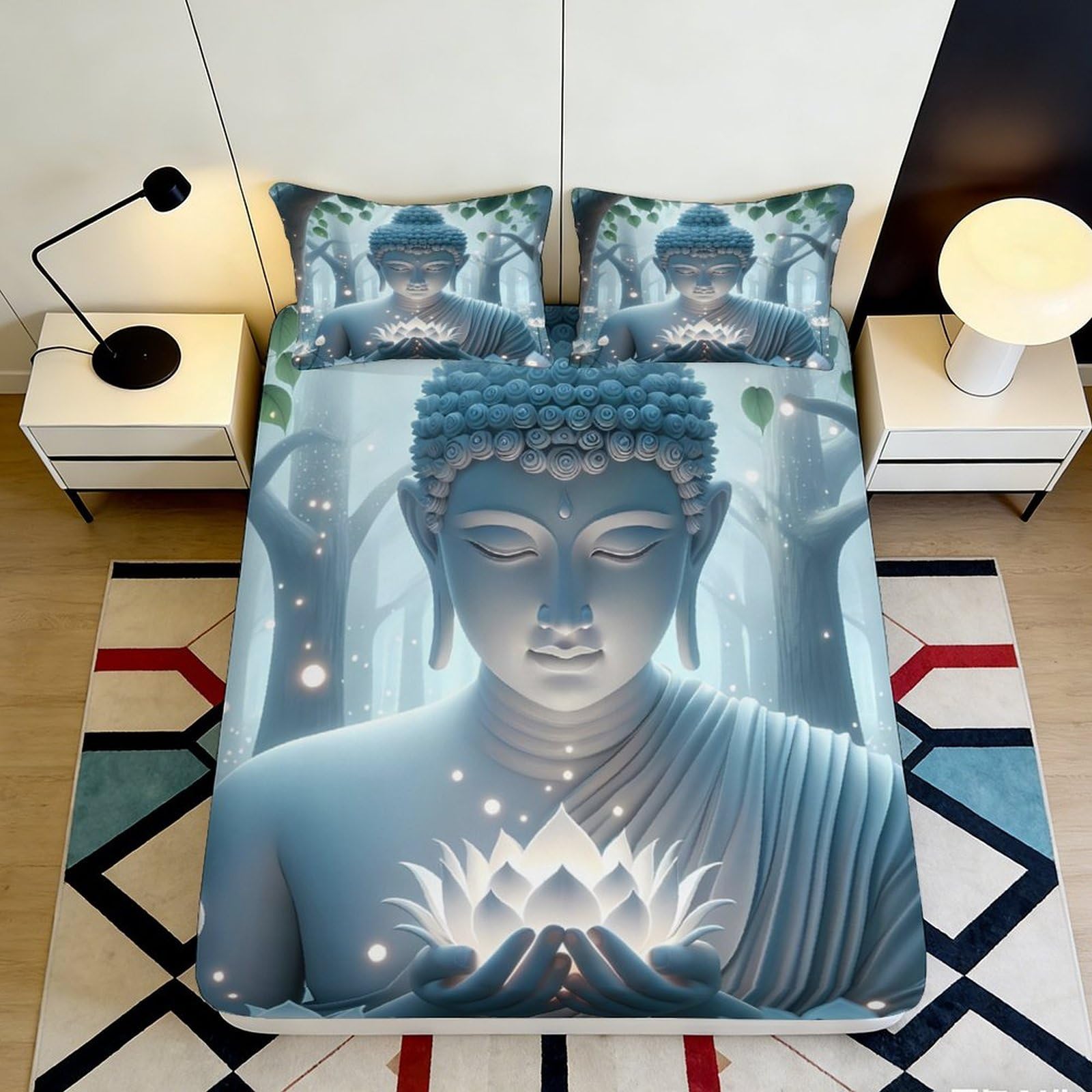 3D Printed Buddha Lotus Fitted Sheet Microfiber Soft Breathable Temple Art Bed Cover for Bedroom Guest Room Decor 90x200x25cm