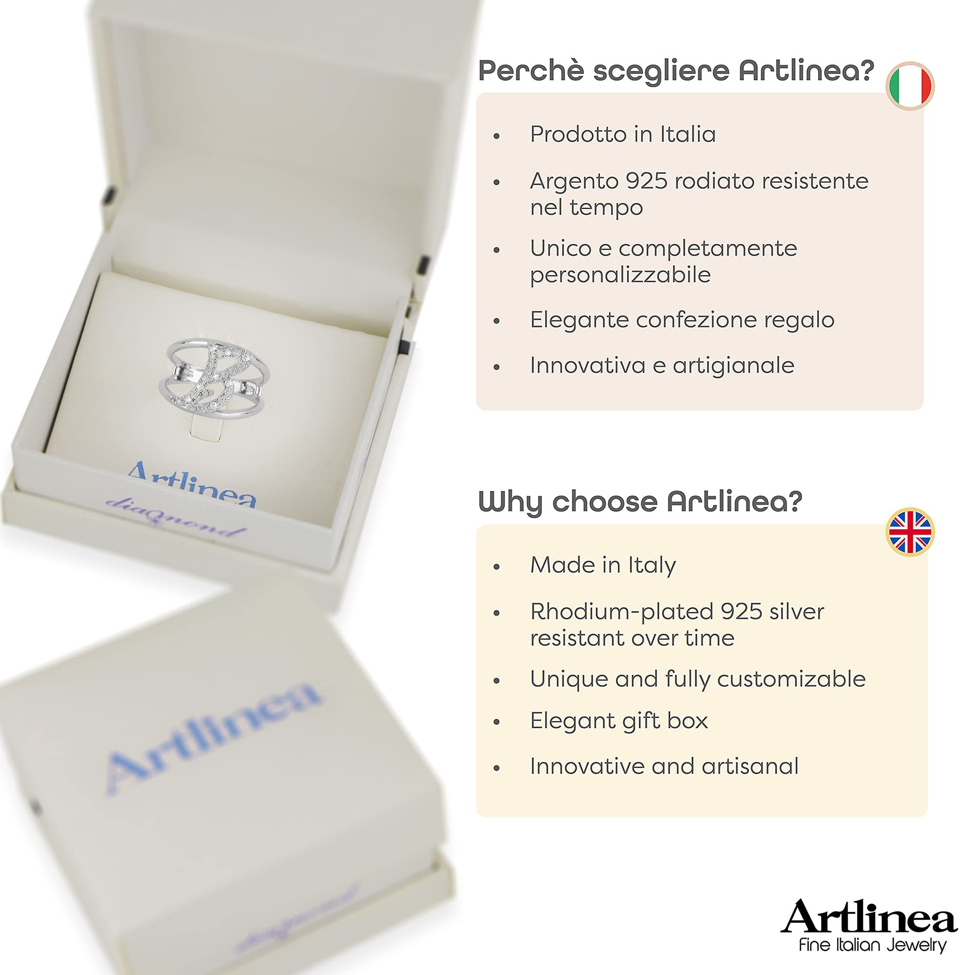 Artlinea, Anello in Argento 925 Sterling, Gioiello Personalizzato con la Lettera Maiuscola/Corsiva, con Pavé Zirconi, Retro Aperto con Misura Regolabile, Made in Italy