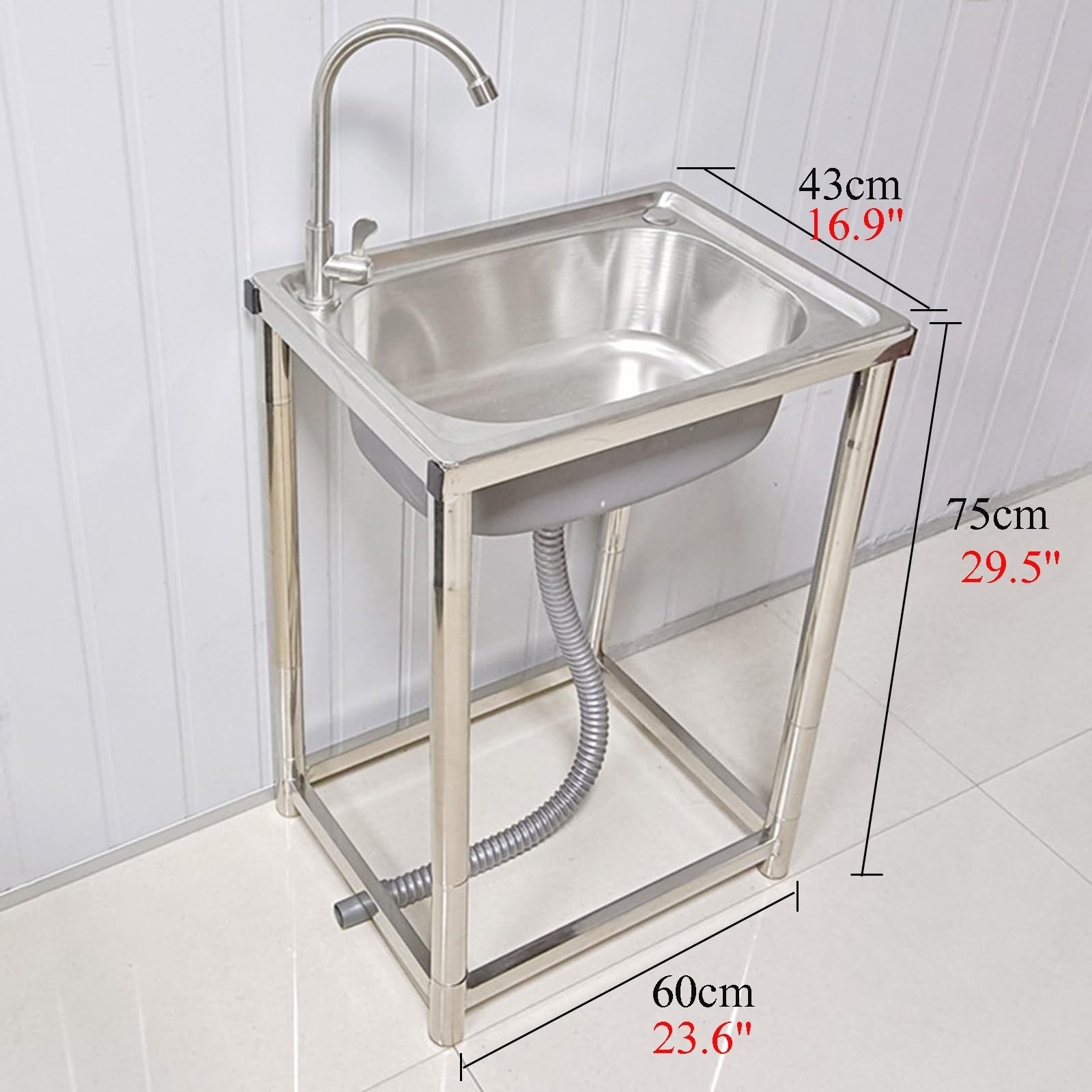 Lavello Freestanding A Vasca Singola con Supporto Alto 75 Centimetri Lavelli in Acciaio Inox Miscelatore Caldo E Freddo Lavastoviglie con Supporto Facile da Pulire Lavello da Cucina