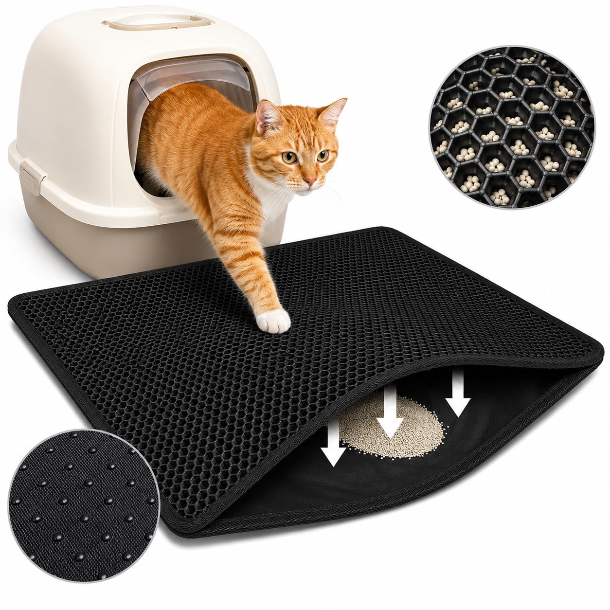Katzenklo Matte, Doppellagig & Wasserdicht (60 x 40 cm, Schwarz) Wabenstruktur zum Auffangen von Streu,rutschfest, leicht zu reinigen