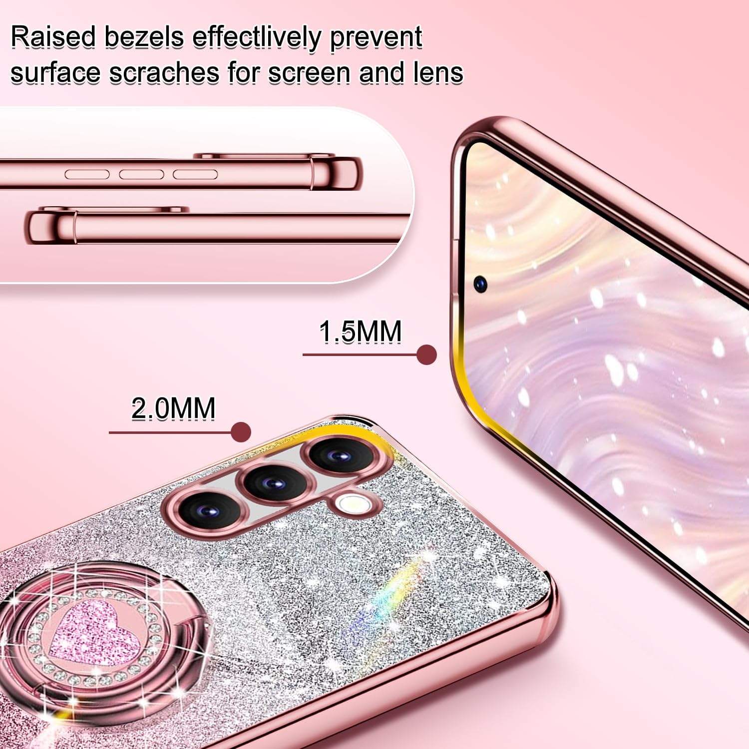 Tawarror Błyszczące etui ze sznurkiem do Samsung Galaxy A56 5G, Galvanisée silikonowe etui z sercem miłości, podwójny uchwyt na pierścień i regulowany naszyjnik pasek na szyję, różowe złoto