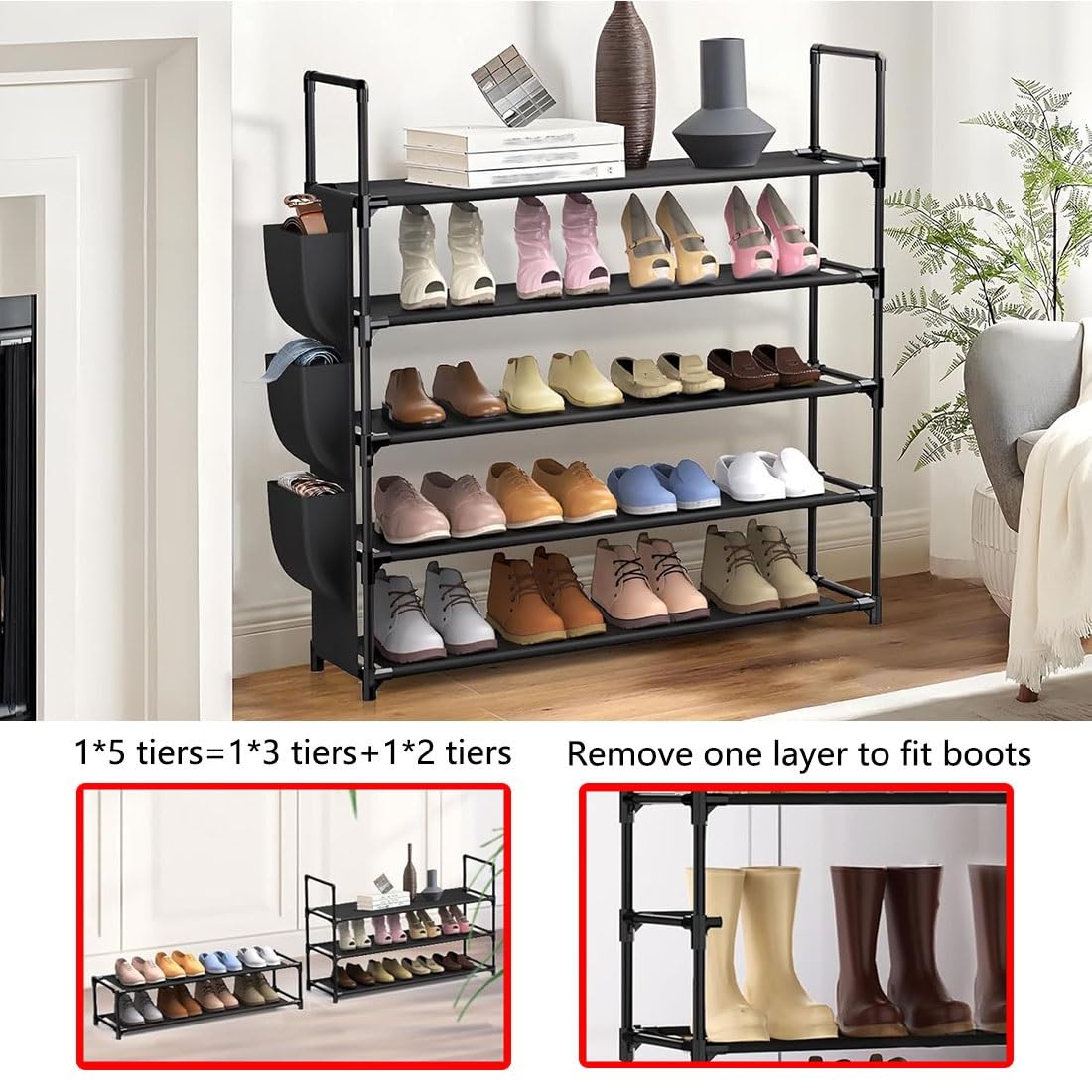 Scarpiera organizer – Mensola autoportante con tasche laterali e copriscarpe usa e getta, facile da montare, design salvaspazio