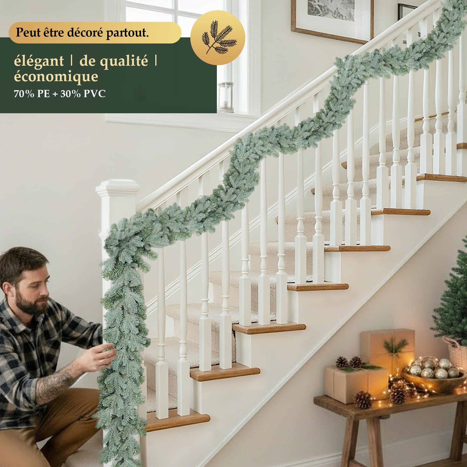 Guirlande de Noël Artificielle SALCAR - 5 m - Gris-Vert Chic - Parfaite pour Décorer Votre Sapin, Porte, Fenêtre et Balcon pour Un Noël Enchanté