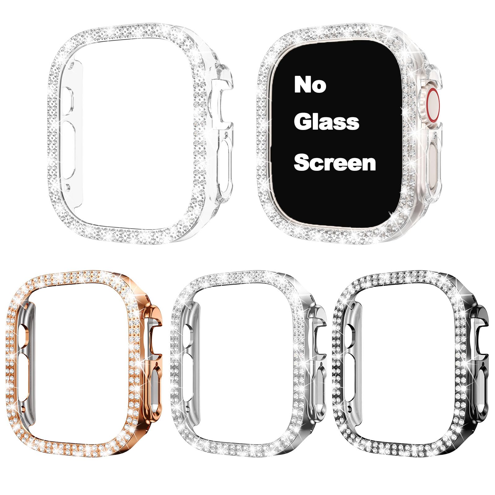 Goton 4-Pack Bling Case for Apple Watch Ultra 1/2/3 49mm | Sparkling Rhinestone Bumpers for iWatch Cover Accessories Women, Sensitive Touch Clear+Silver+Black+Rose Gold(No Glass) 49 mm