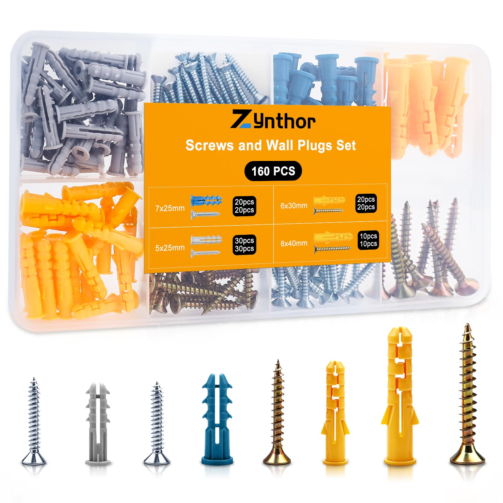 Zynthor Screws and Wall Plugs Set, Plasterboard Fixings, 160Pcs